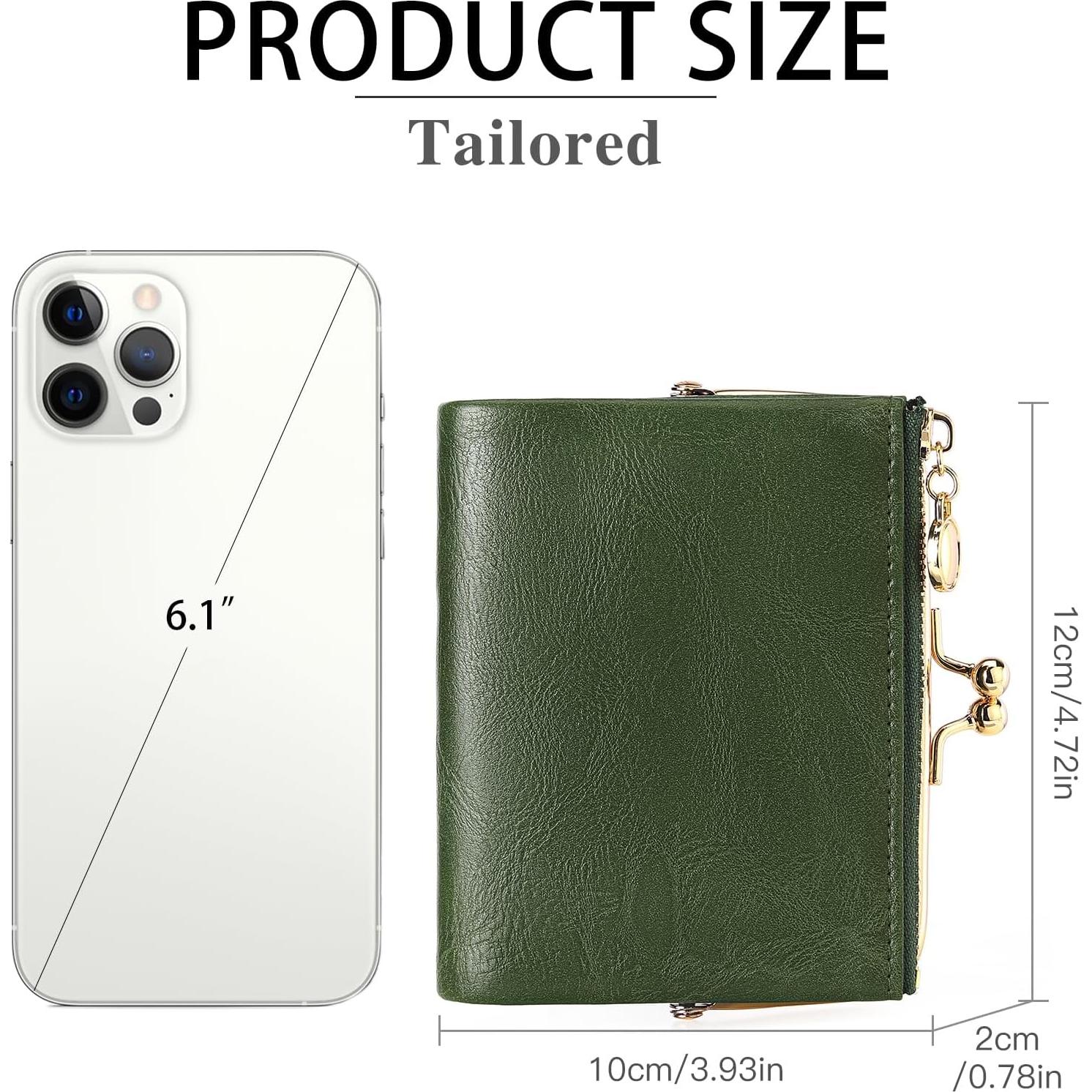 Cartera Bifold Mujer RFID Bloqueo Cuero Vintage Verde 12x10x2cm