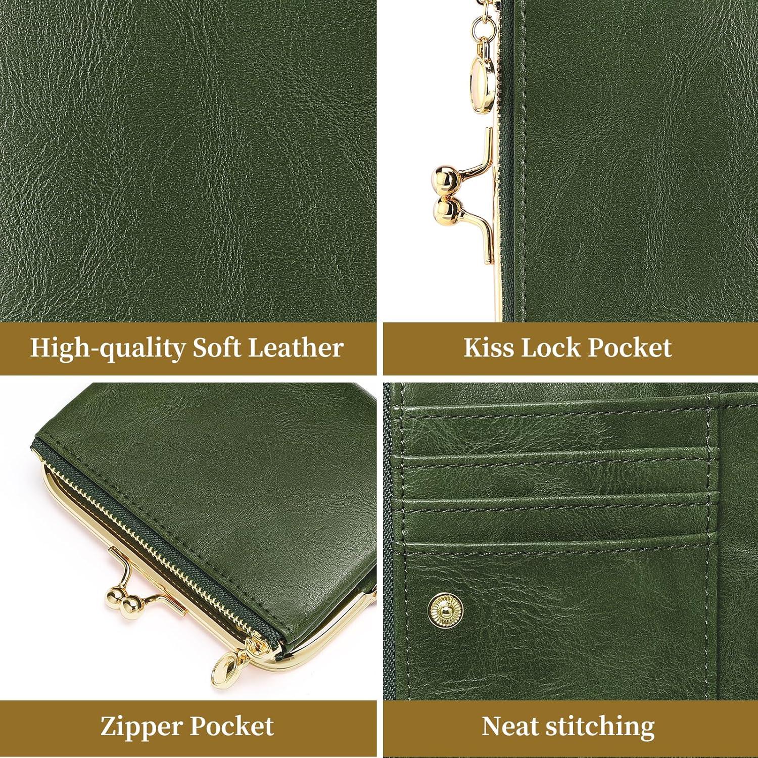 Cartera Bifold Mujer RFID Bloqueo Cuero Vintage Verde 12x10x2cm