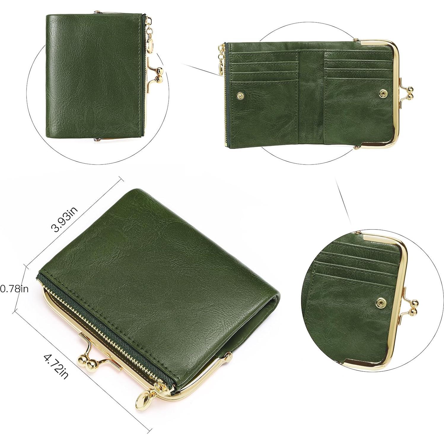 Cartera Bifold Mujer RFID Bloqueo Cuero Vintage Verde 12x10x2cm
