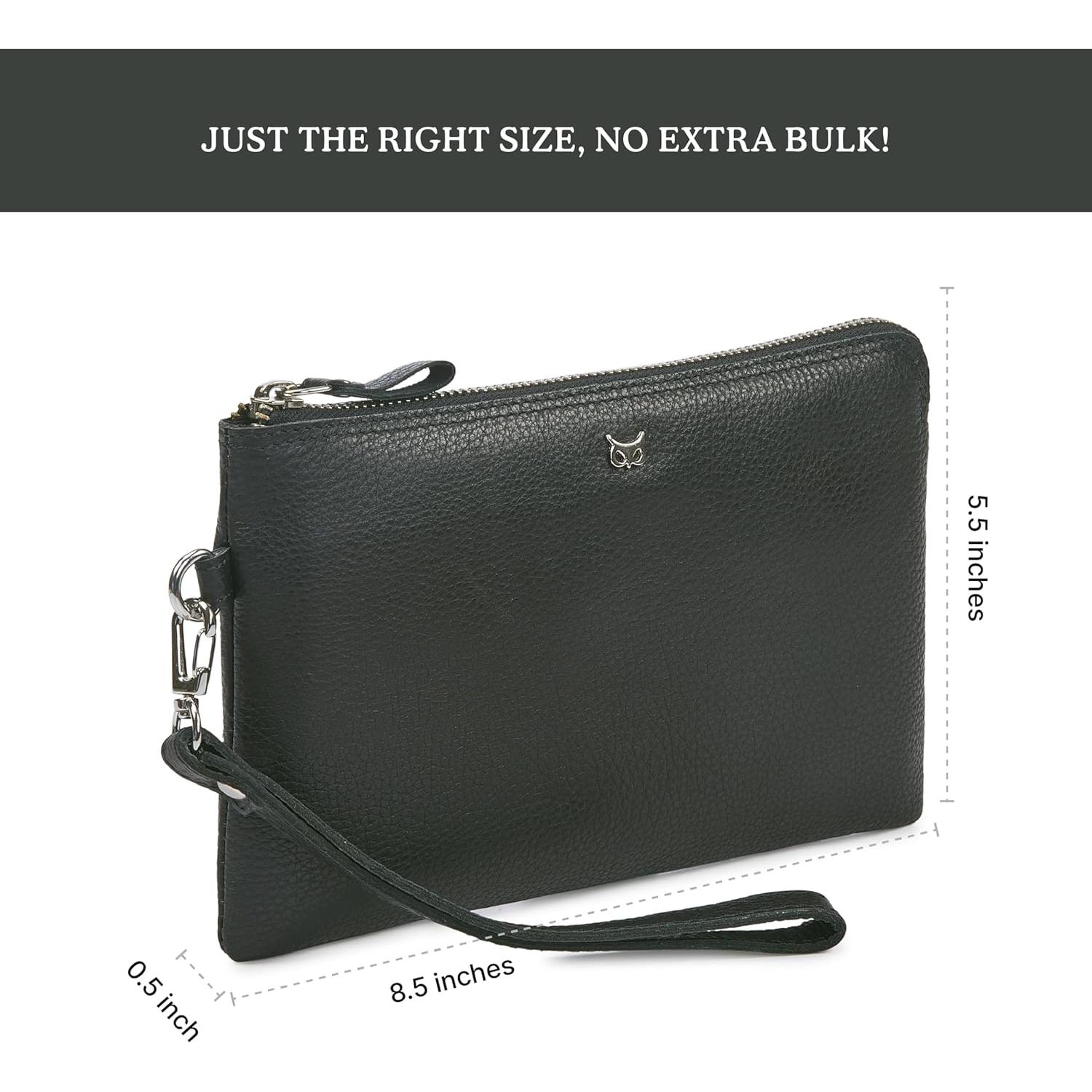 Cartera de muñeca de cuero real Wise Owl Nappa negro 21.6x14cm