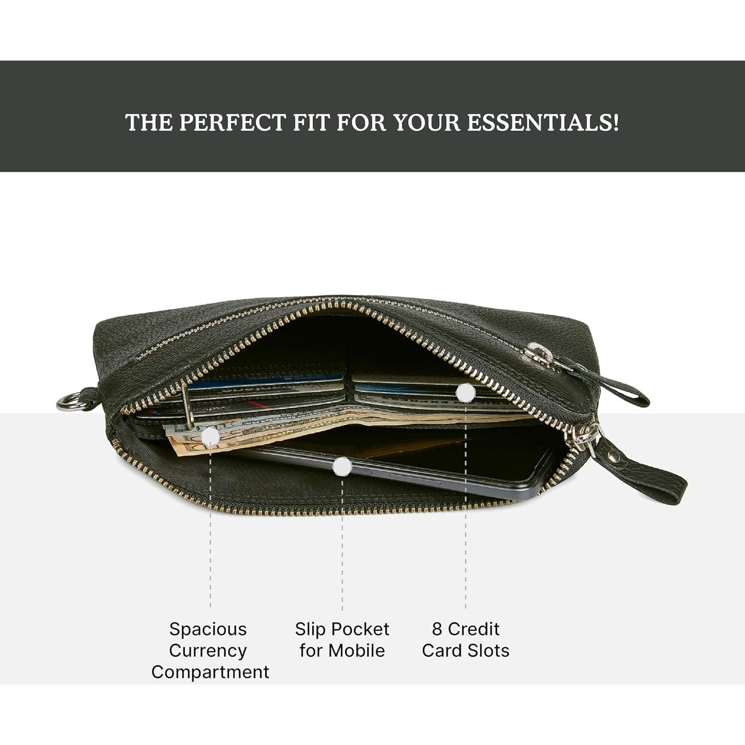 Cartera de muñeca de cuero real Wise Owl Nappa negro 21.6x14cm