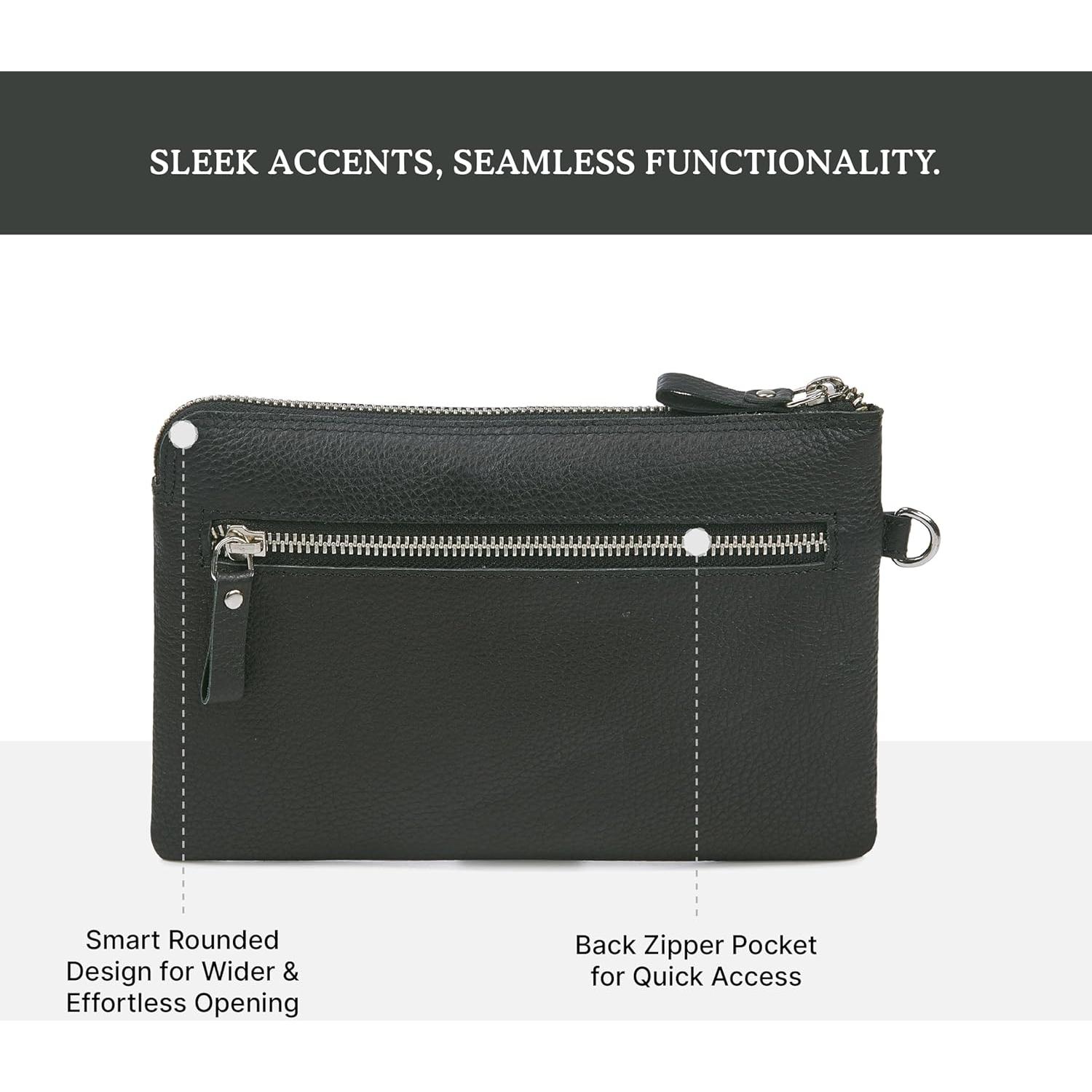 Cartera de muñeca de cuero real Wise Owl Nappa negro 21.6x14cm