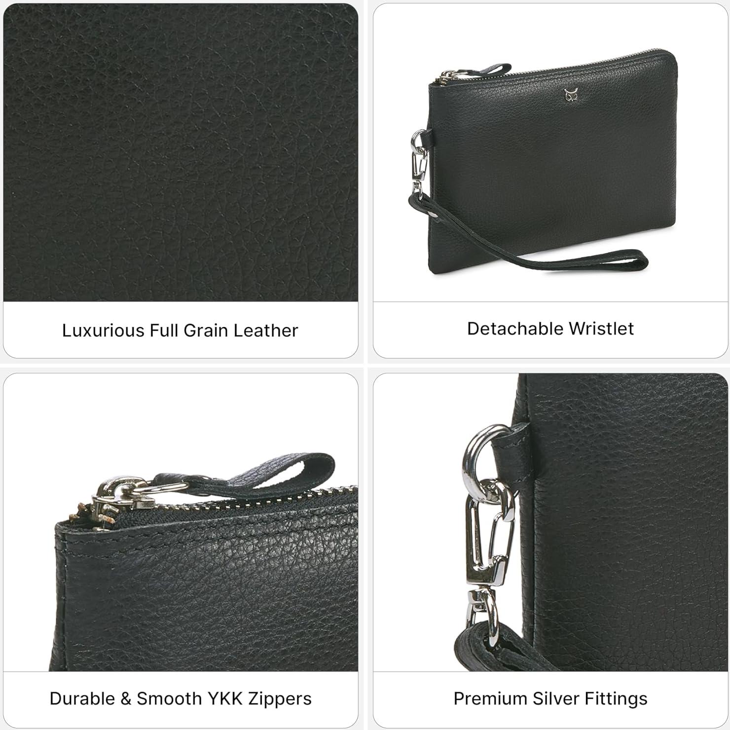 Cartera de muñeca de cuero real Wise Owl Nappa negro 21.6x14cm