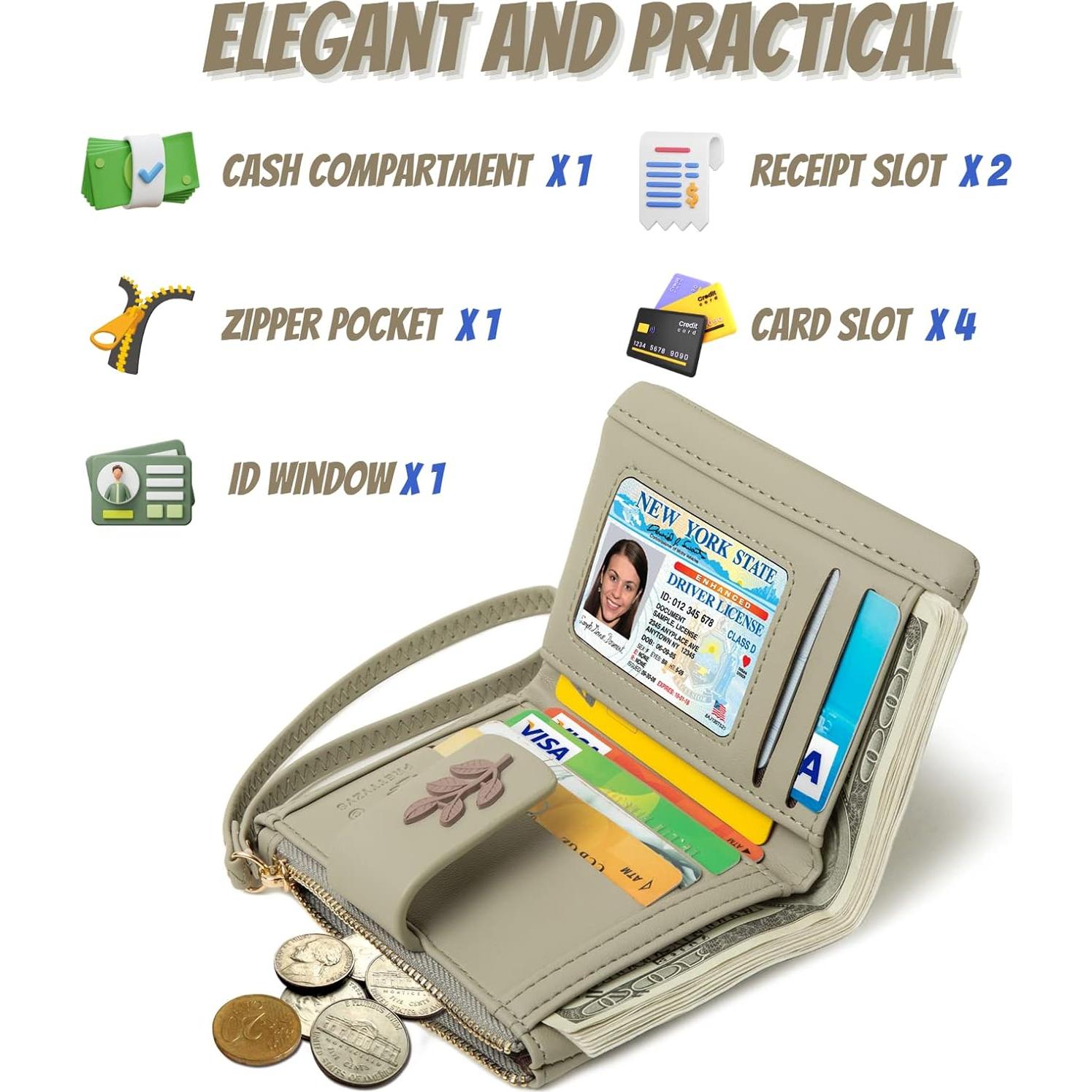 Cartera de muñeca bifold Prettyzys para mujeres - Verde grisáceo - Bloqueo RFID