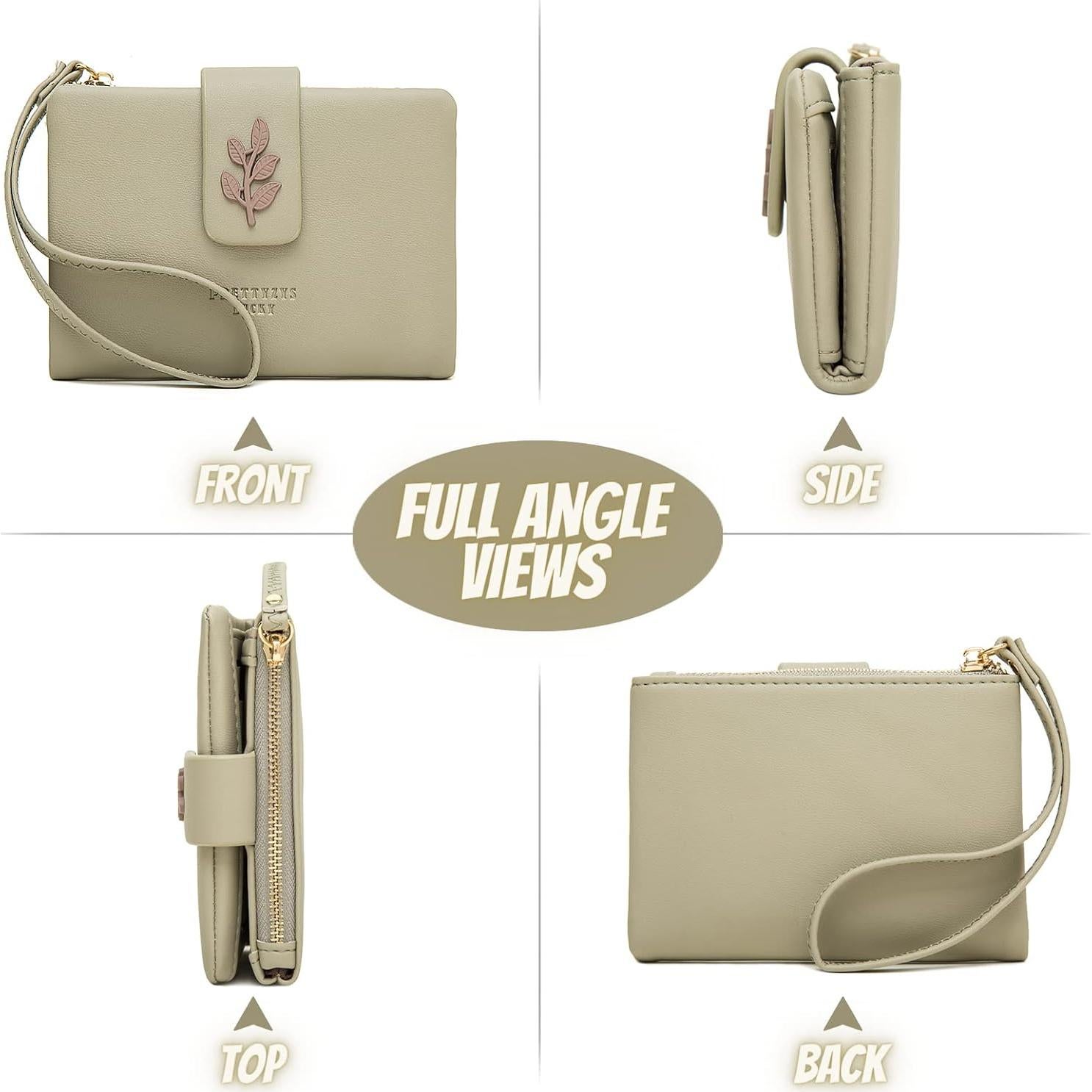 Cartera de muñeca bifold Prettyzys para mujeres - Verde grisáceo - Bloqueo RFID