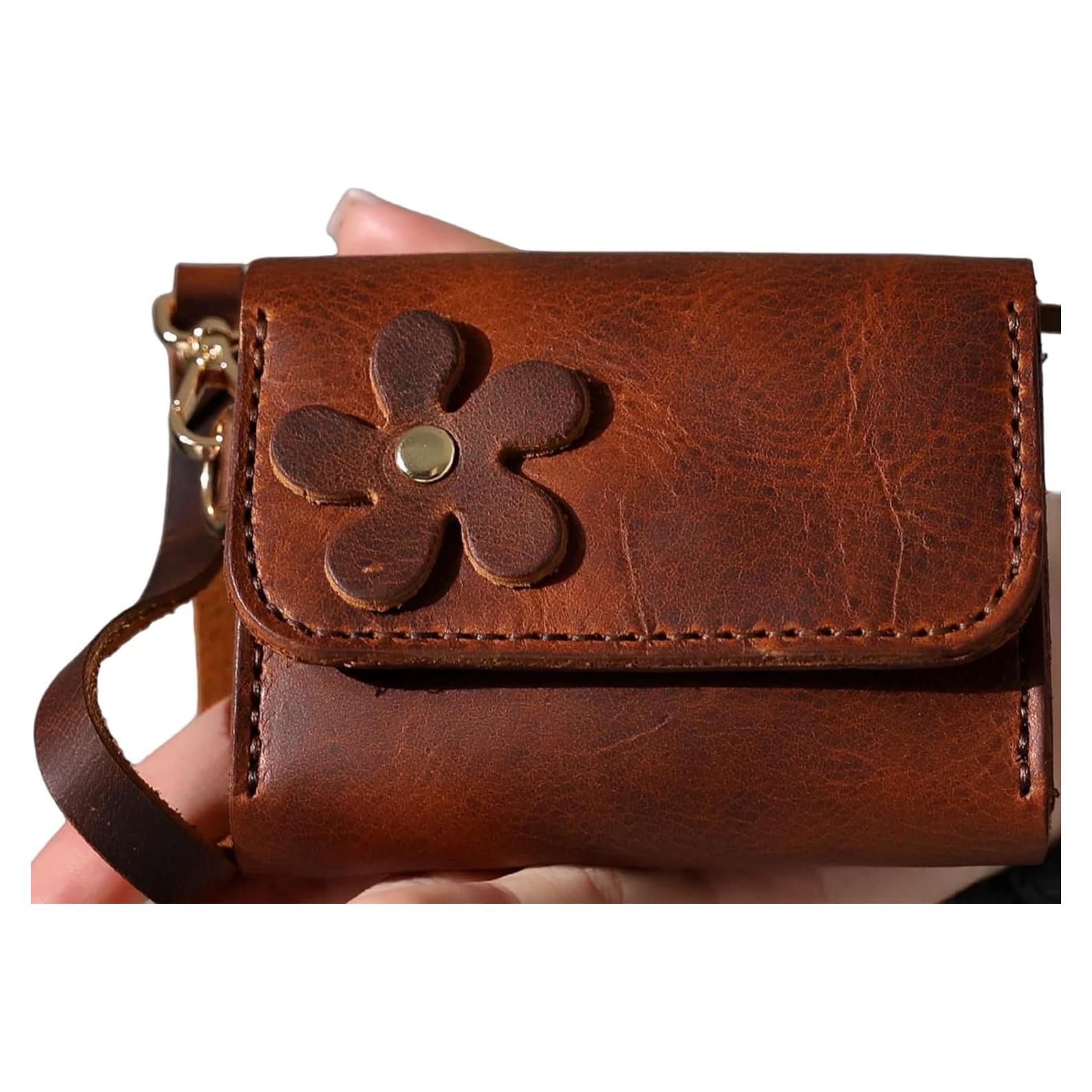 Cartera de Cuero Genuino Craftivor con Acento Floral Marrón