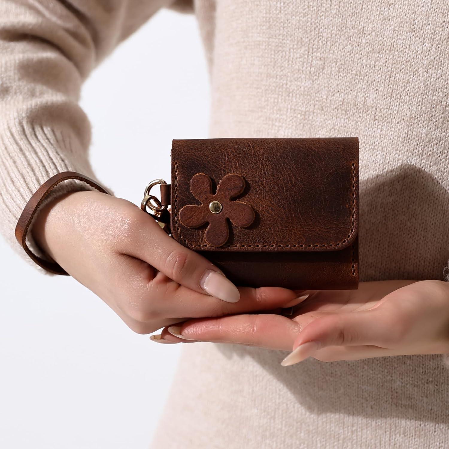 Cartera de Cuero Genuino Craftivor con Acento Floral Marrón