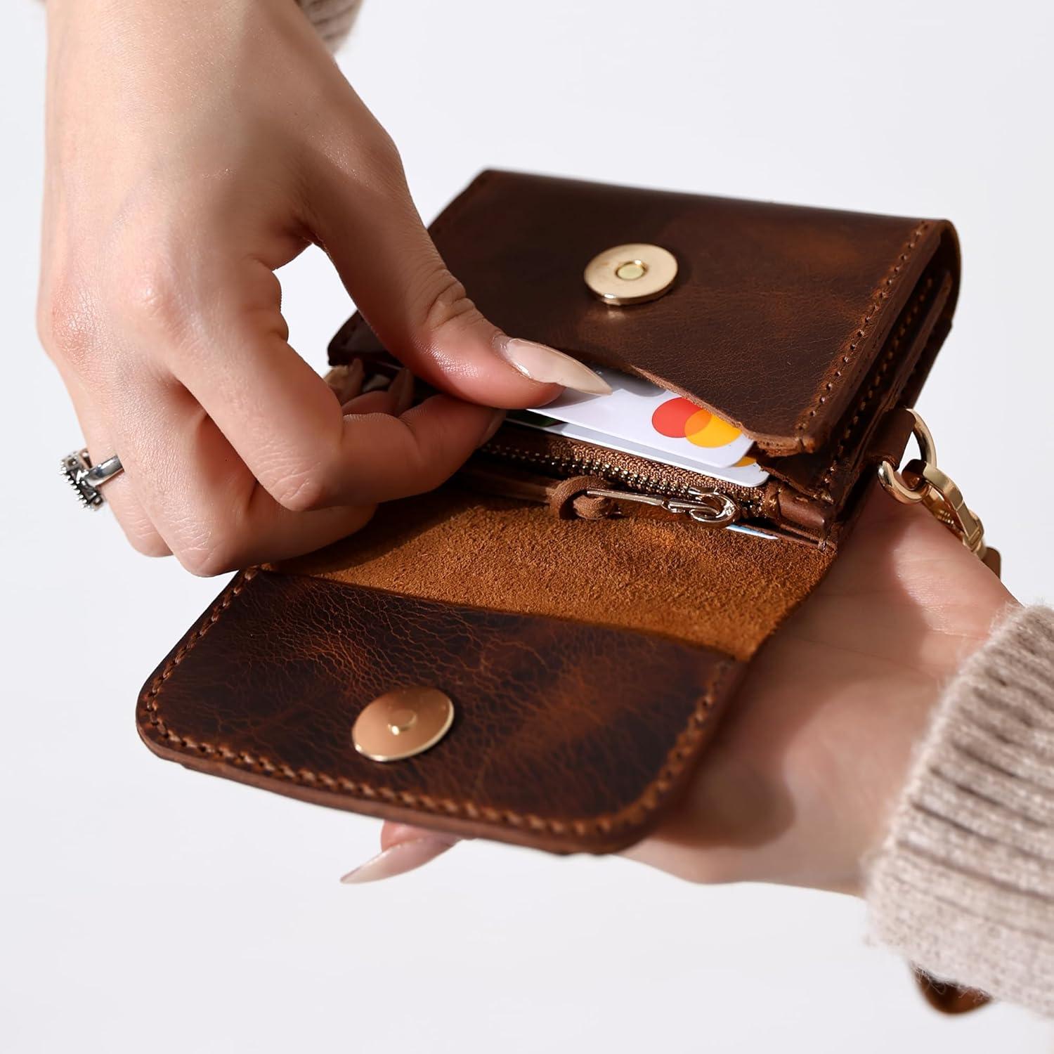 Cartera de Cuero Genuino Craftivor con Acento Floral Marrón