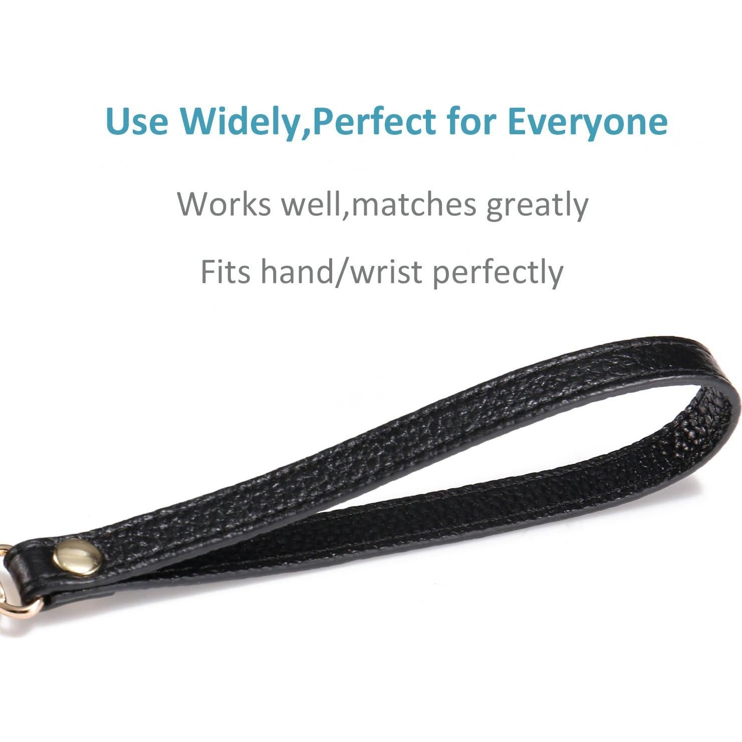 Correa de Muñeca de Cuero Genuino Negra para Cartera y Teléfono
