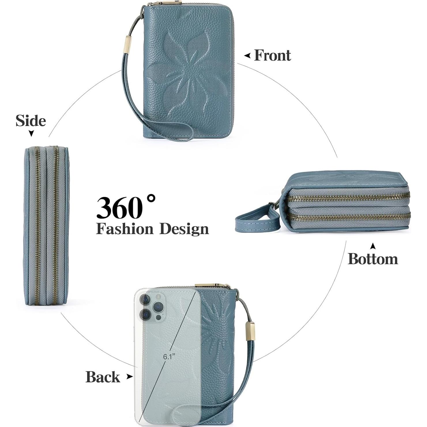 Cartera de Mujer GOIACII Doble Cierre RFID Cuero Azul 15.5x10cm