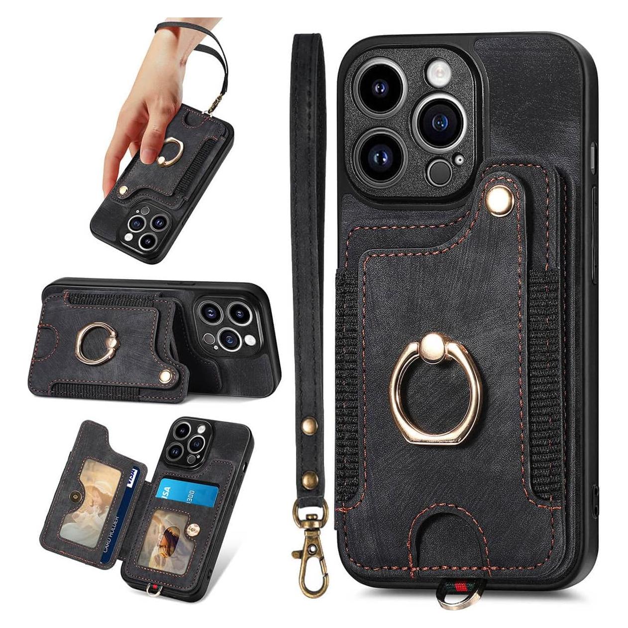 JanCalm for iPhone 13 Pro Max Case Card Holder Wallet, Ring Stand, RFID Blocking, Wrist Strap, Camera Protector, Leather Magnetic Clasp Protective Cover for iPhone 13 Pro Max (Black)