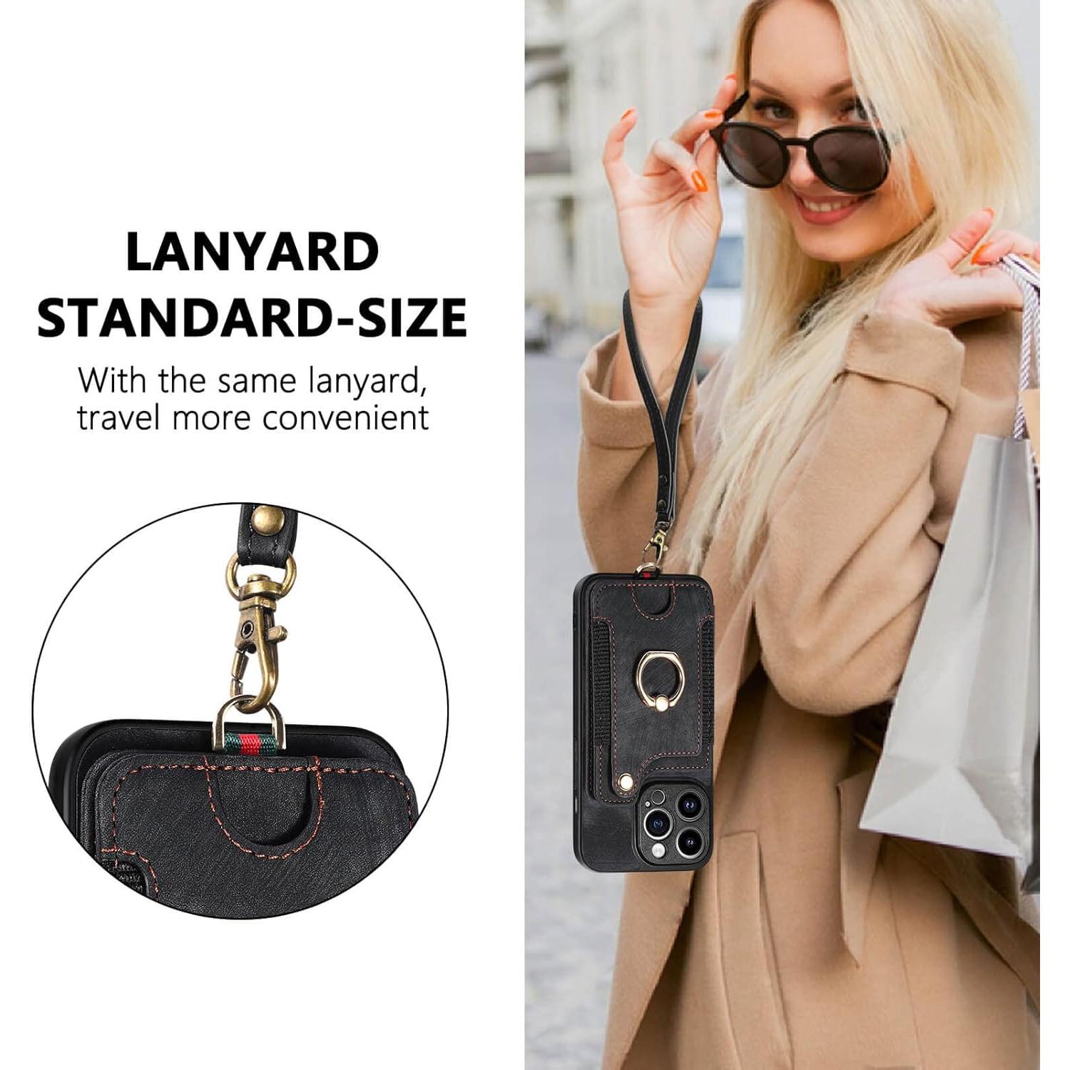 JanCalm for iPhone 13 Pro Max Case Card Holder Wallet, Ring Stand, RFID Blocking, Wrist Strap, Camera Protector, Leather Magnetic Clasp Protective Cover for iPhone 13 Pro Max (Black)