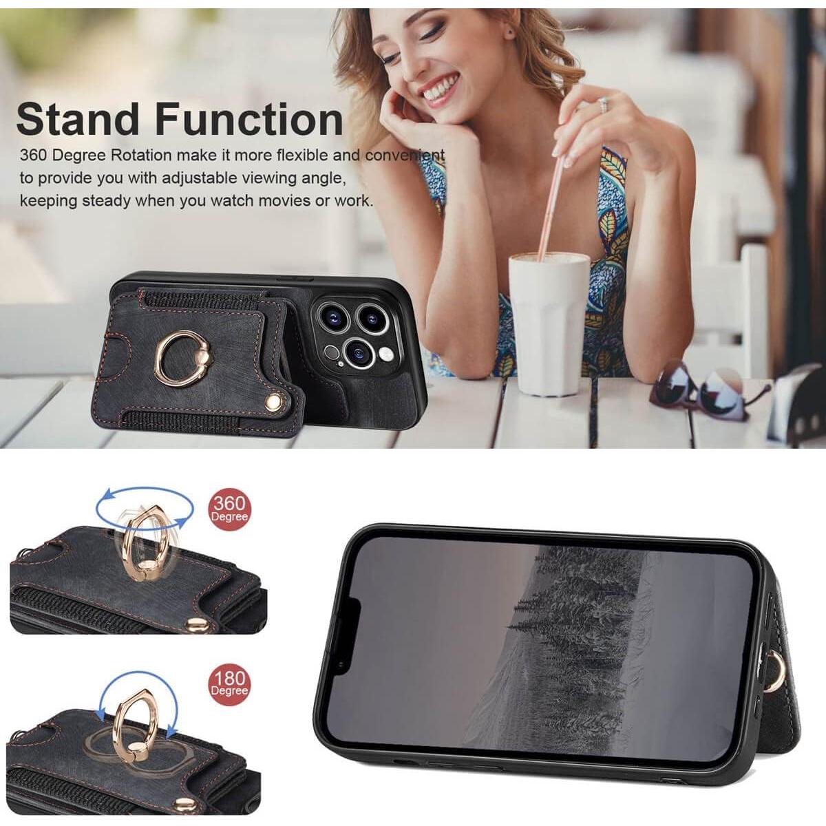 JanCalm for iPhone 13 Pro Max Case Card Holder Wallet, Ring Stand, RFID Blocking, Wrist Strap, Camera Protector, Leather Magnetic Clasp Protective Cover for iPhone 13 Pro Max (Black)