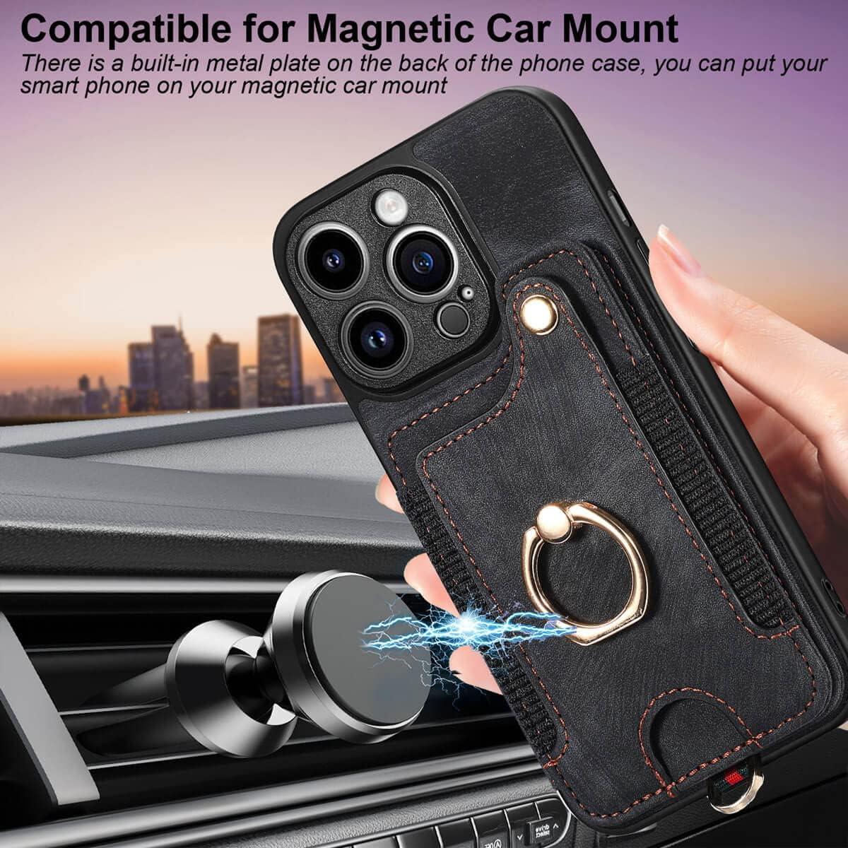 JanCalm for iPhone 13 Pro Max Case Card Holder Wallet, Ring Stand, RFID Blocking, Wrist Strap, Camera Protector, Leather Magnetic Clasp Protective Cover for iPhone 13 Pro Max (Black)