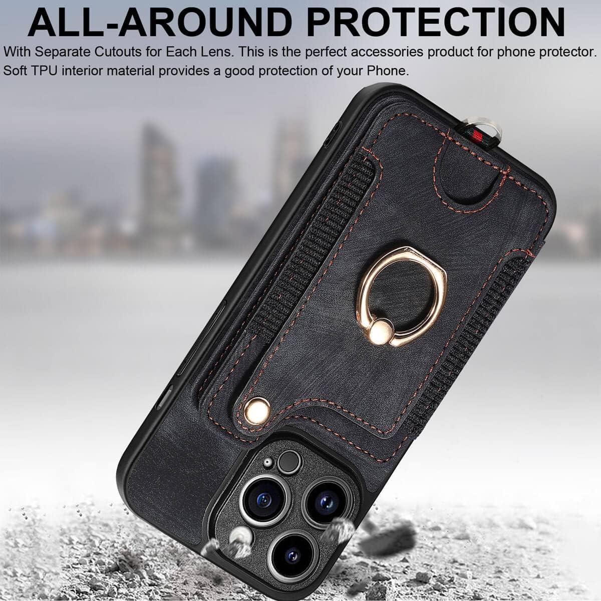 JanCalm for iPhone 13 Pro Max Case Card Holder Wallet, Ring Stand, RFID Blocking, Wrist Strap, Camera Protector, Leather Magnetic Clasp Protective Cover for iPhone 13 Pro Max (Black)