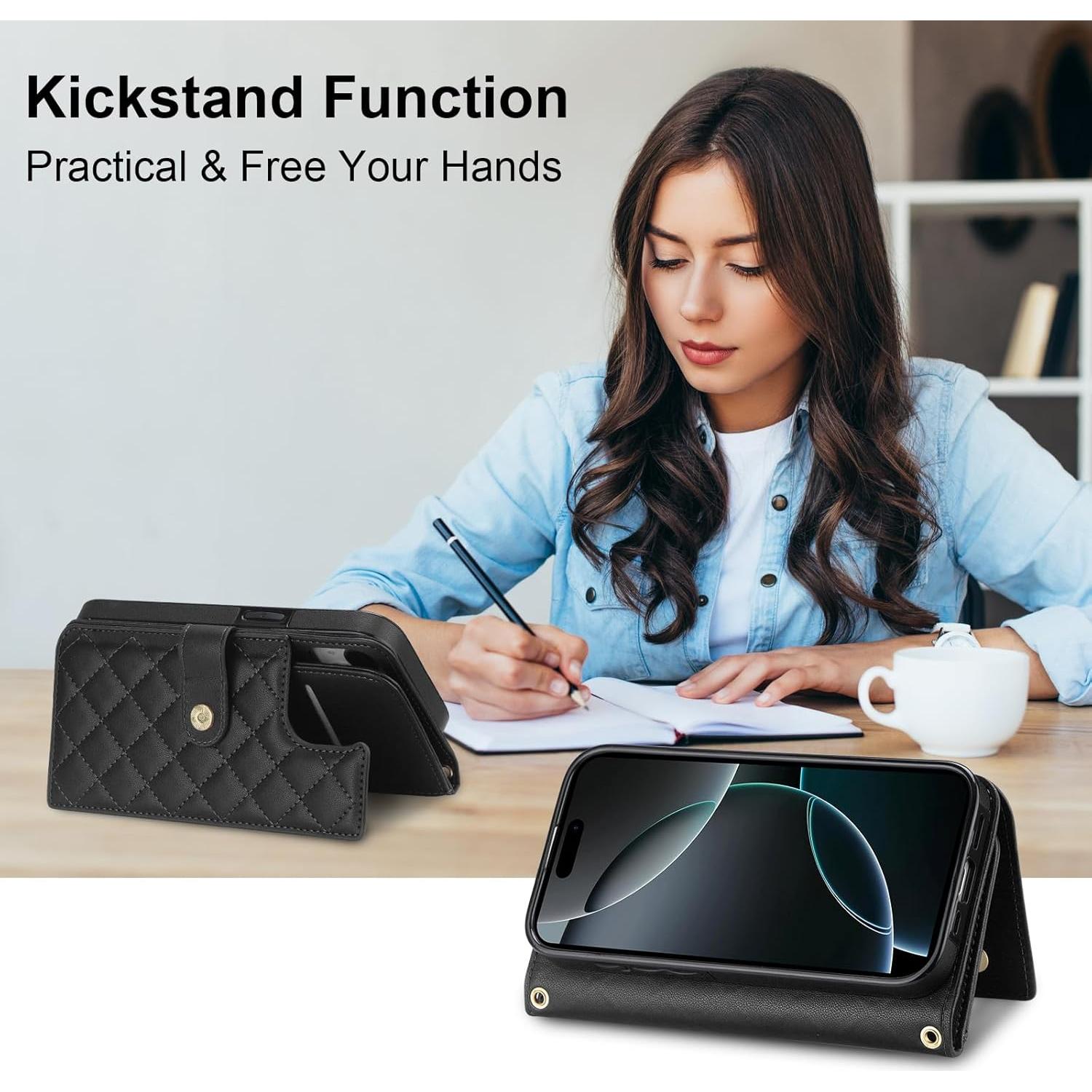 Funda Cartera Vofolen para iPhone 16 Pro, 5 Bolsillos, Negro