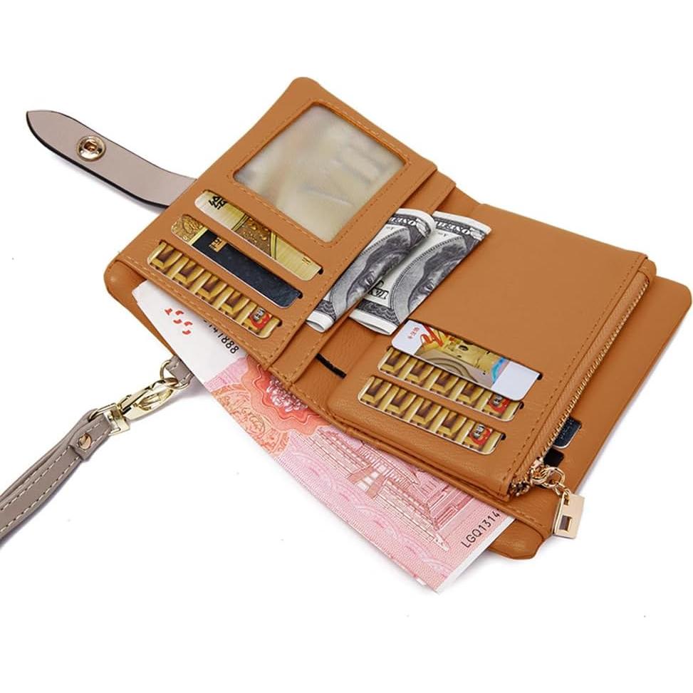 Cartera Bifold de Cuero TOPKOOL para Mujeres - Marrón, Compacta