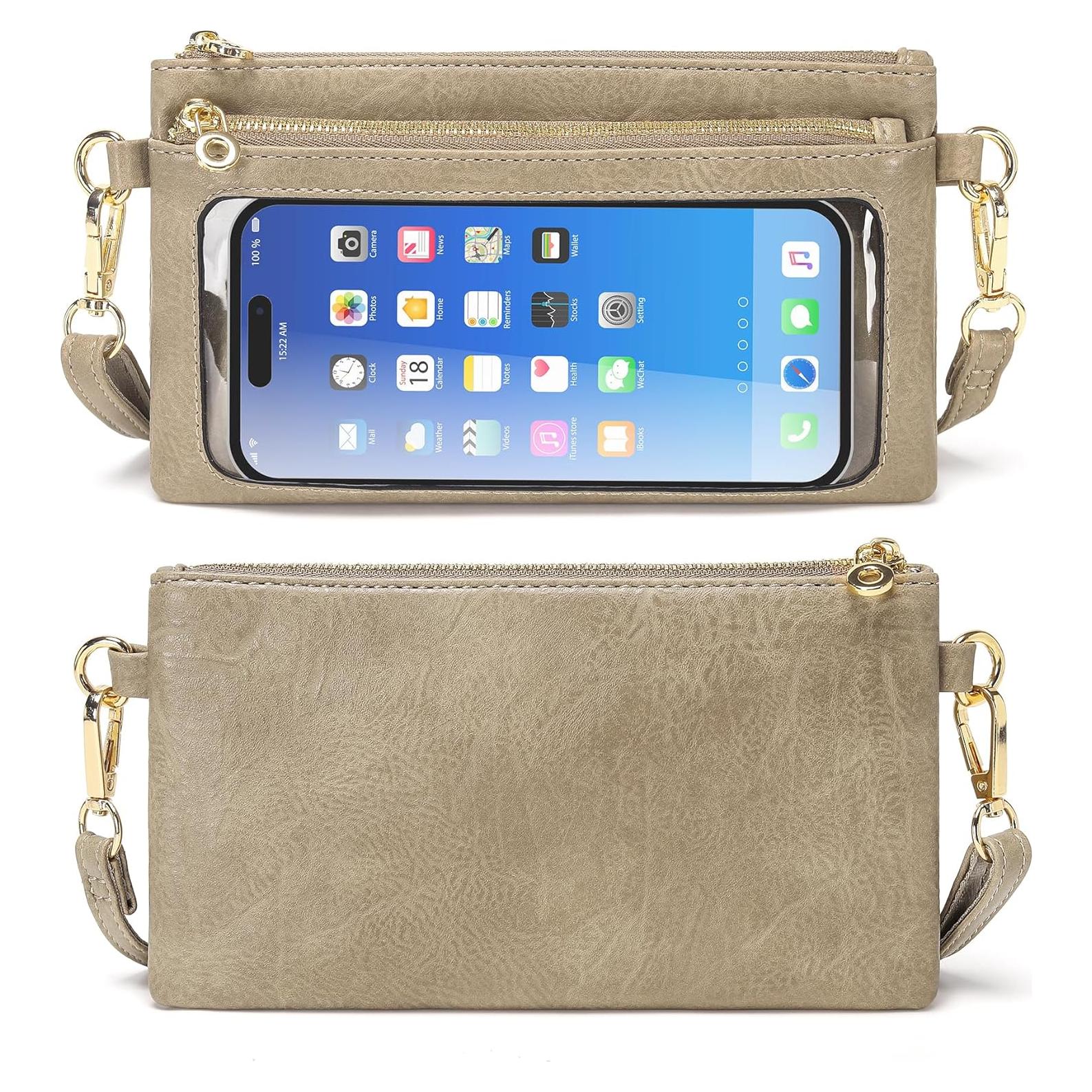 Cartera de Cuero para Mujer DIUY Caqui 20x12cm Doble Cremallera