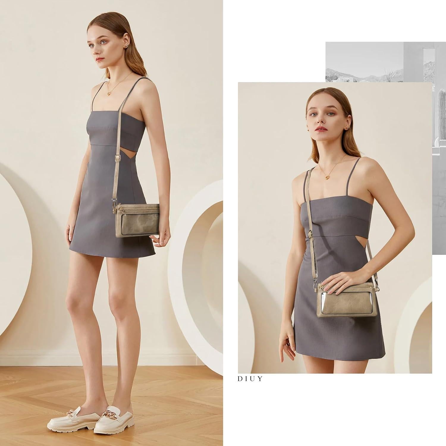 Cartera de Cuero para Mujer DIUY Caqui 20x12cm Doble Cremallera