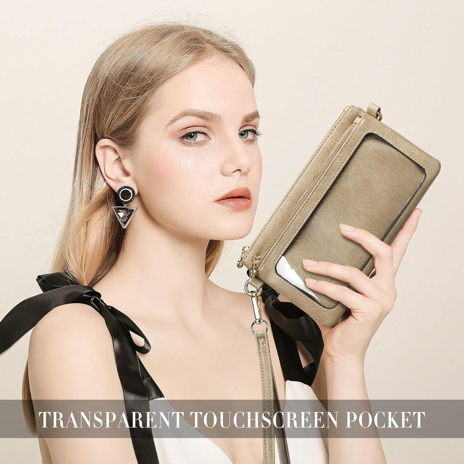 Cartera de Cuero para Mujer DIUY Caqui 20x12cm Doble Cremallera