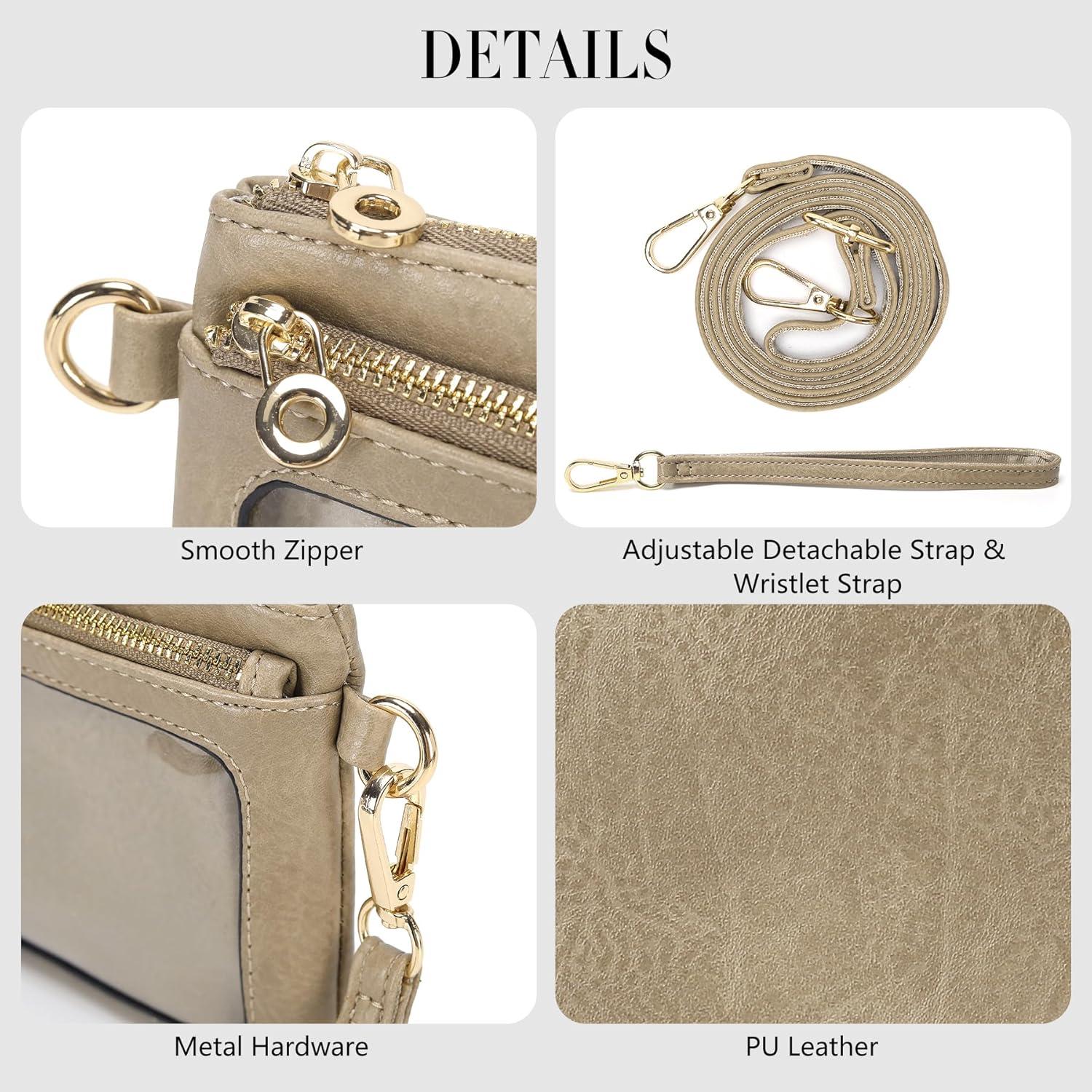 Cartera de Cuero para Mujer DIUY Caqui 20x12cm Doble Cremallera