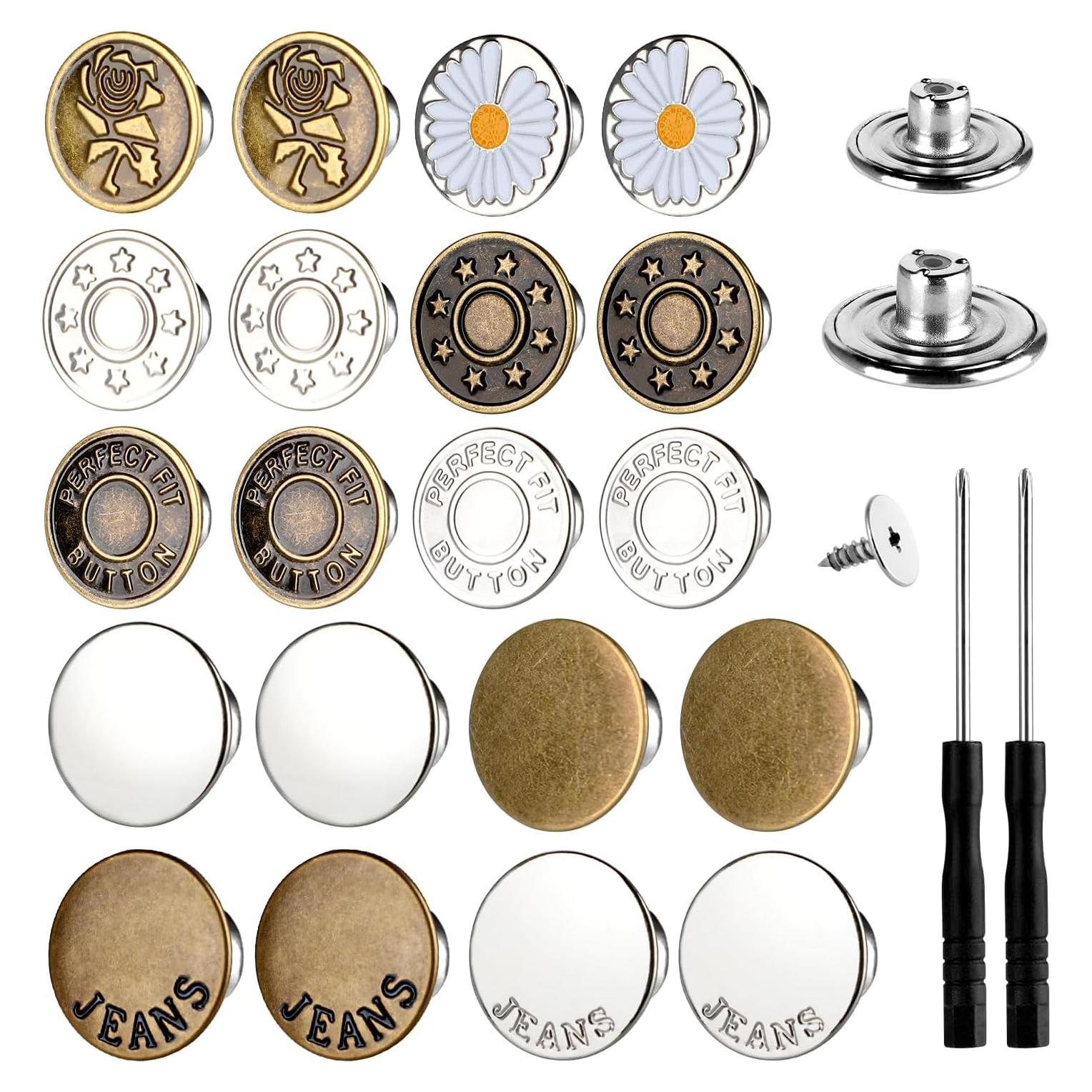 60 Botones Metálicos para Jeans Rolyta, 17mm y 20mm, Sin Coser