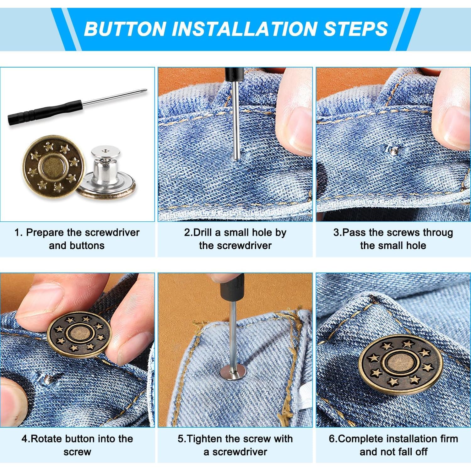 60 Botones Metálicos para Jeans Rolyta, 17mm y 20mm, Sin Coser