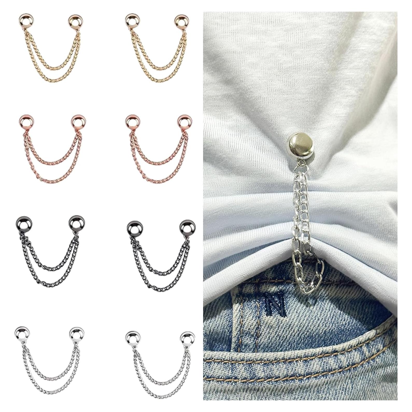 8PCS Magnetic Clothing Clips - Multi-Function Magnetic Buttons with Chain, Strong Magnet Pin for T-Shirt Shortening, Fixing Scarves, Hijab, Collar, Pants Hems & More, Brooch Pin & Sewing Clips in One