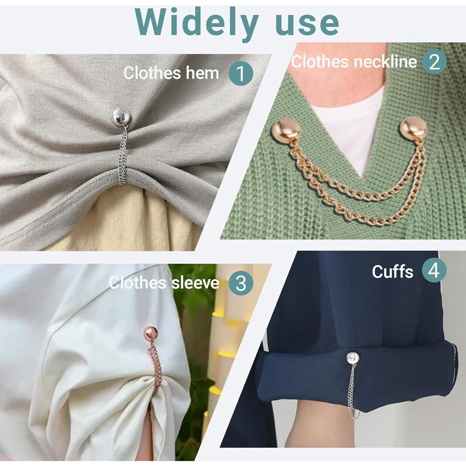 8PCS Magnetic Clothing Clips - Multi-Function Magnetic Buttons with Chain, Strong Magnet Pin for T-Shirt Shortening, Fixing Scarves, Hijab, Collar, Pants Hems & More, Brooch Pin & Sewing Clips in One