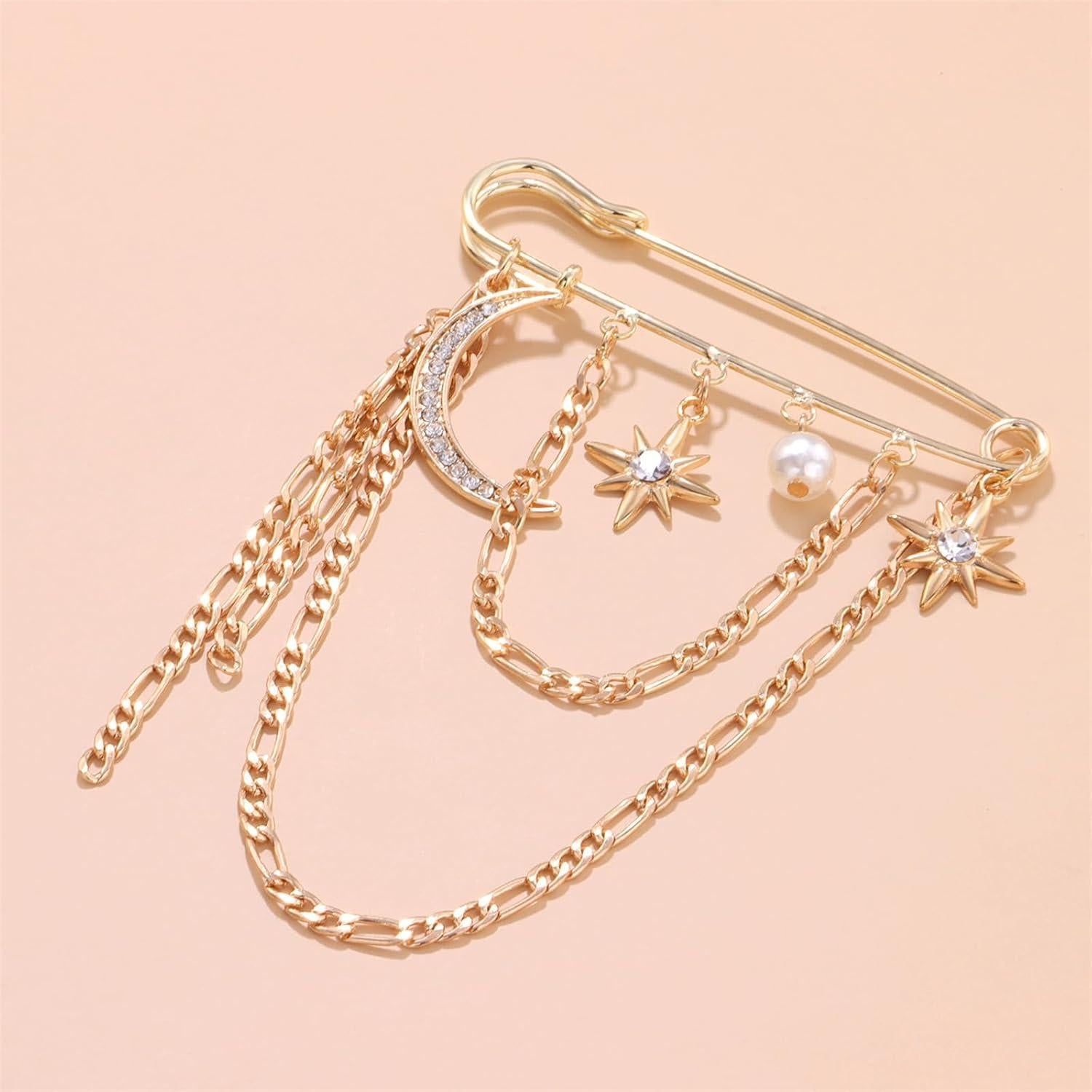 Broche de Cadena con Borlas de Estrella y Luna Oro Vintage