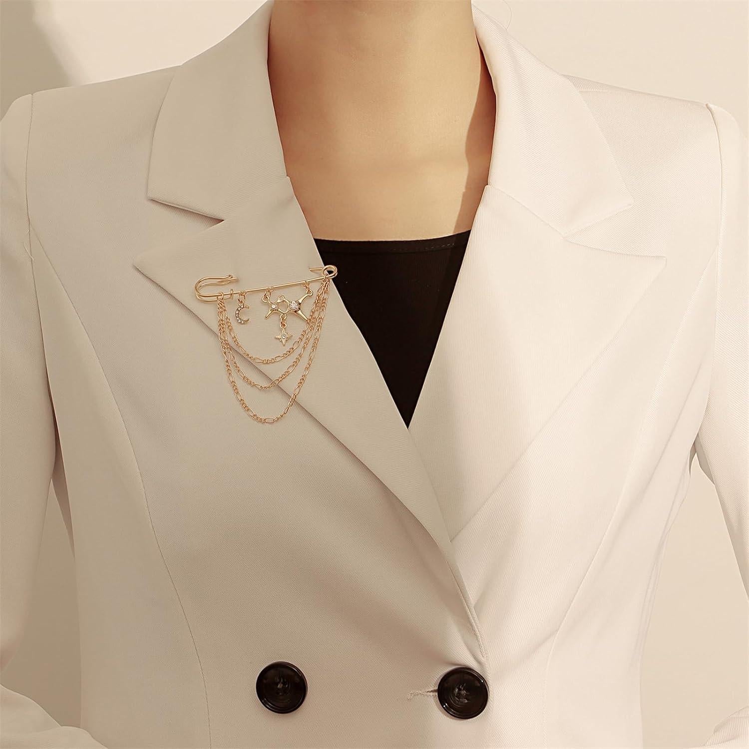 Broche de Cadena con Borlas de Estrella y Luna Oro Vintage