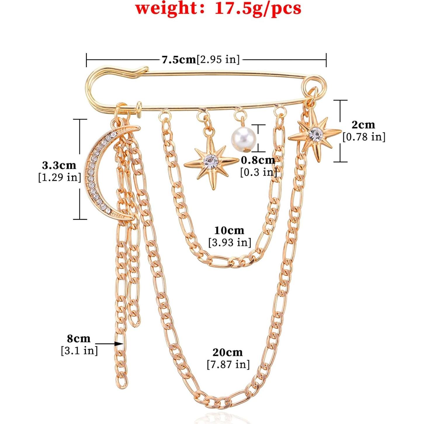 Broche de Cadena con Borlas de Estrella y Luna Oro Vintage