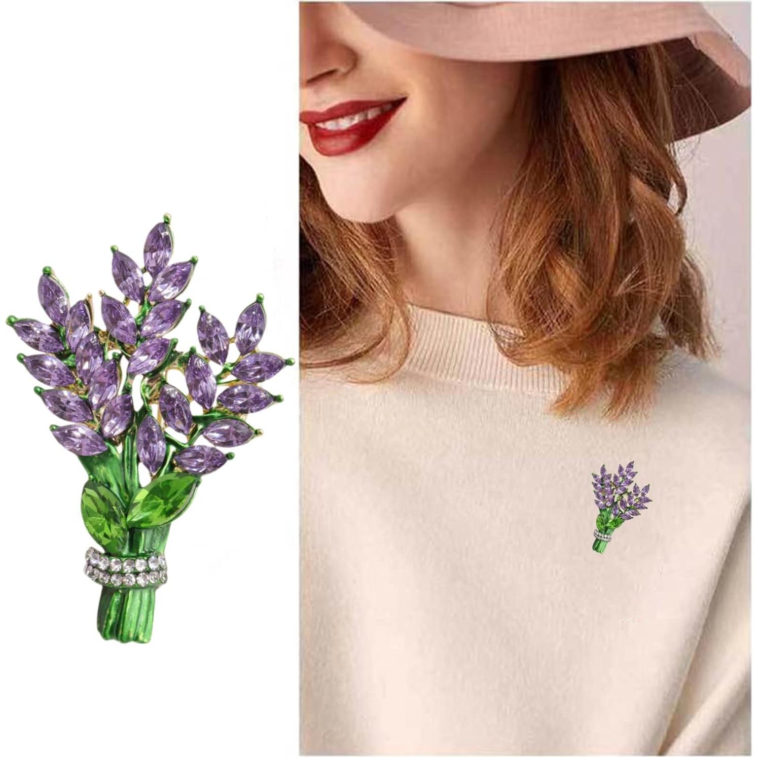 Broche de flor de lavanda con strass para mujeres - 10.9x7.9 cm