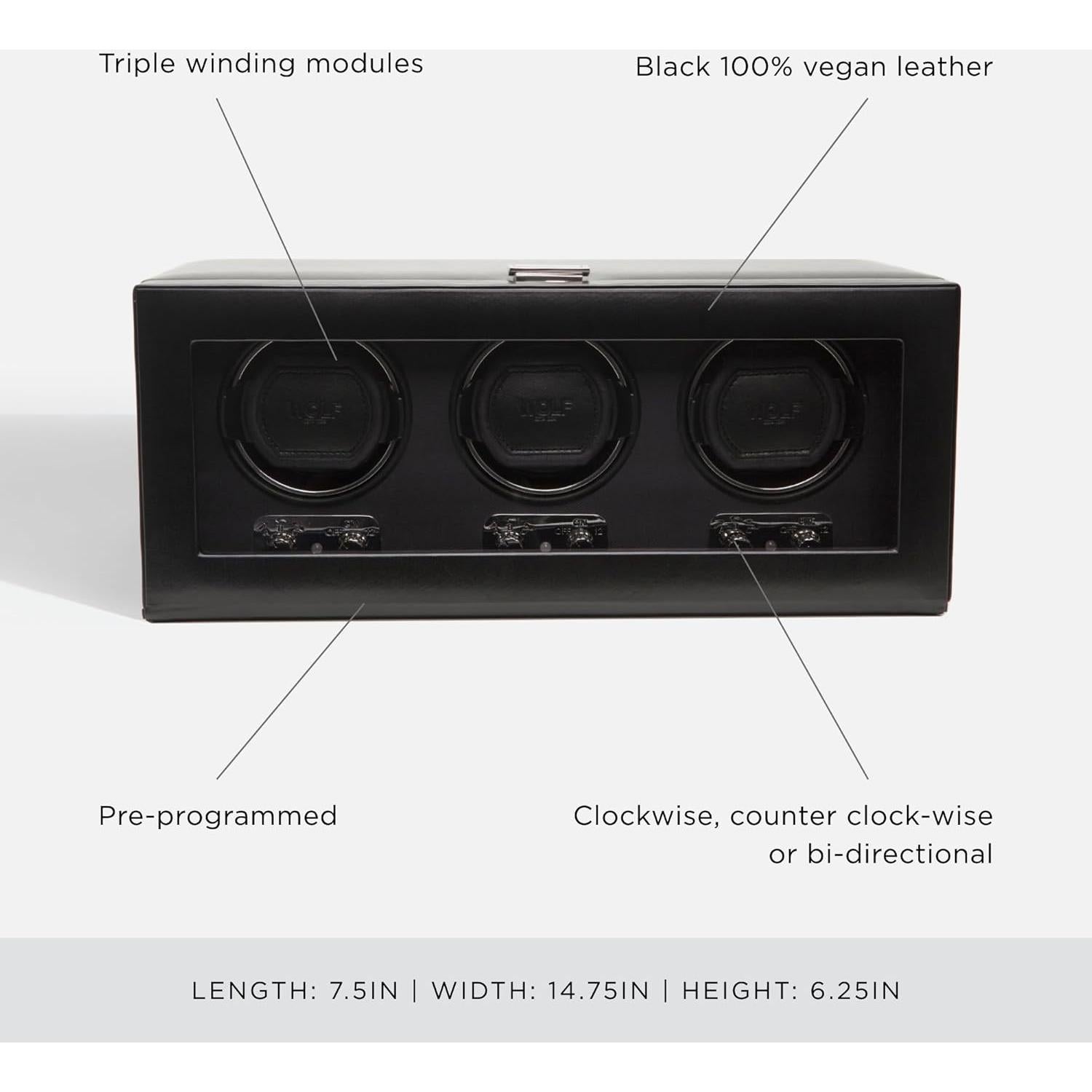 Enrollador de Relojes WOLF Heritage 3 Piezas Negro Cuero Vegano