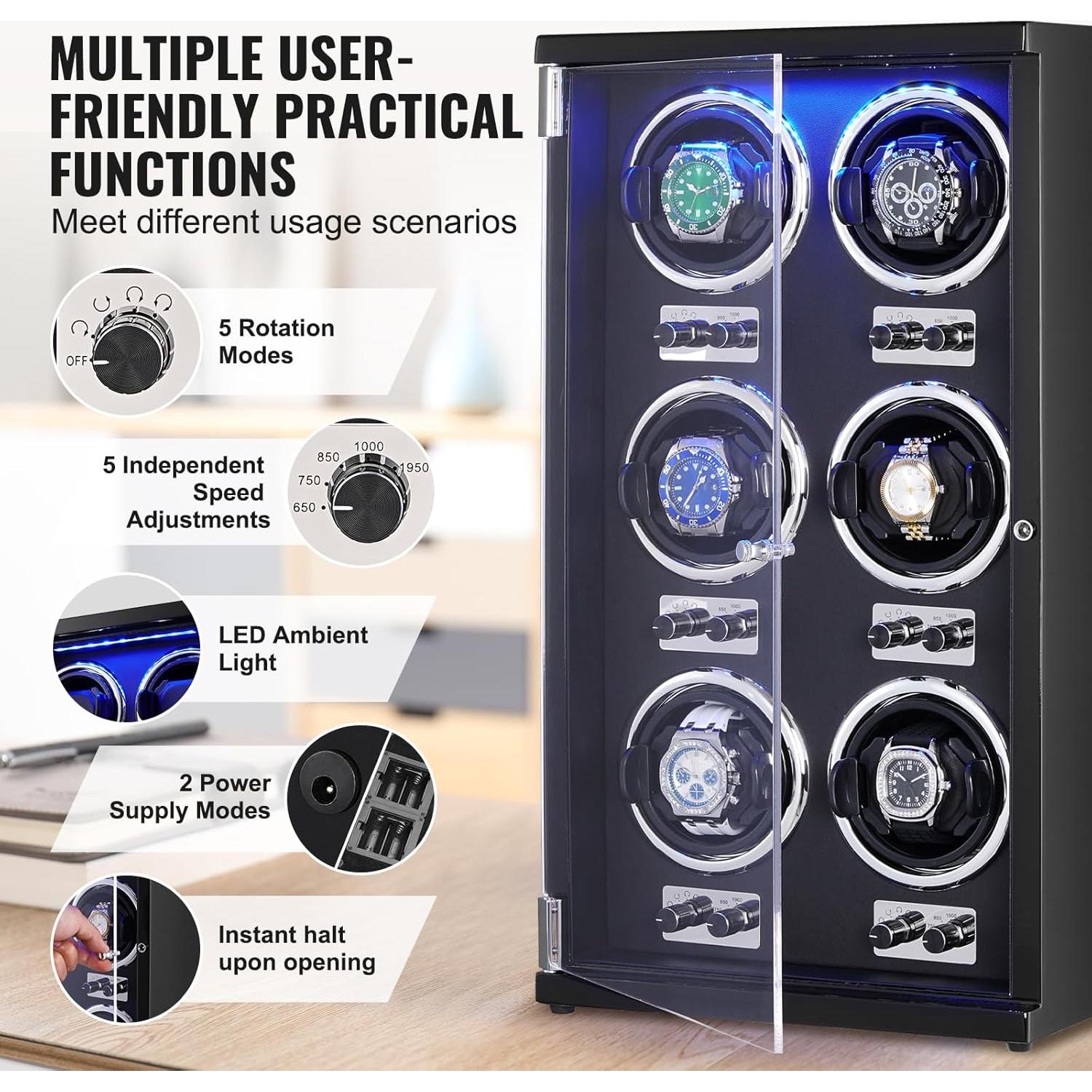 Reloj Winder VEVOR para 6 Relojes Automáticos, Motor Silencioso