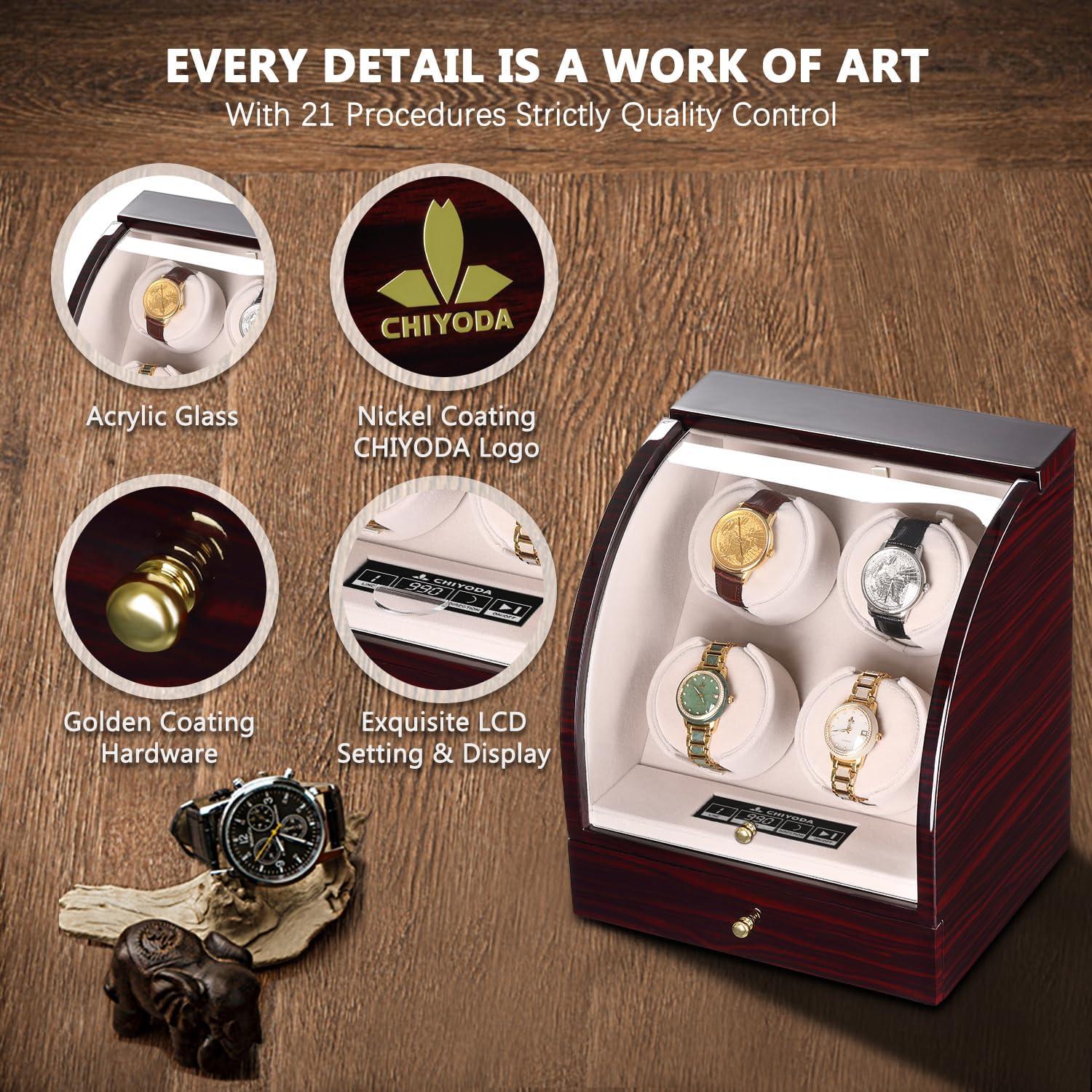 Enrollador de Reloj CHIYODA para 4 Relojes Automáticos, Marrón