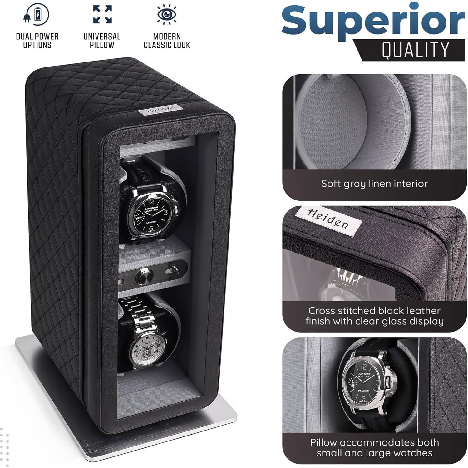 Enrollador de Relojes Doble Heiden Monaco en Cuero Negro