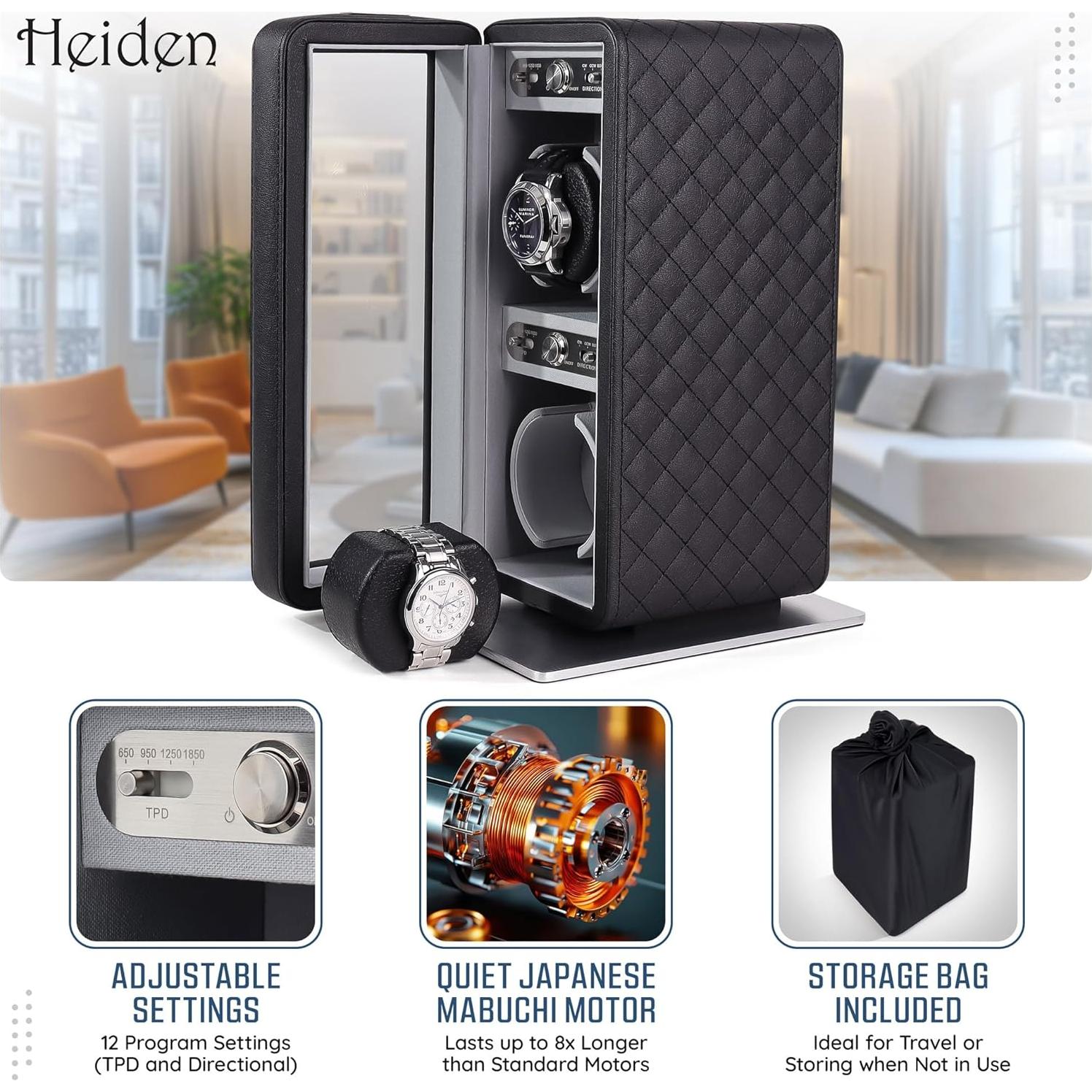 Enrollador de Relojes Doble Heiden Monaco en Cuero Negro