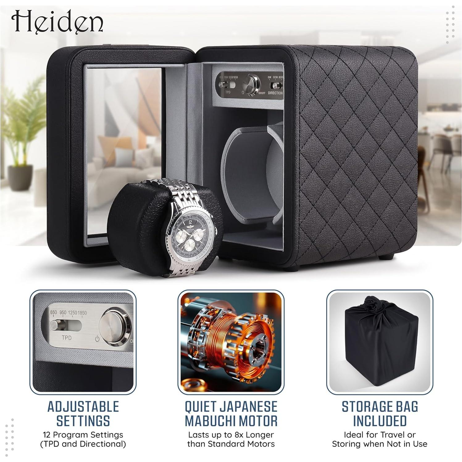 Enrollador de Relojes Heiden Monaco - Cuero Negro - 12 Configuraciones