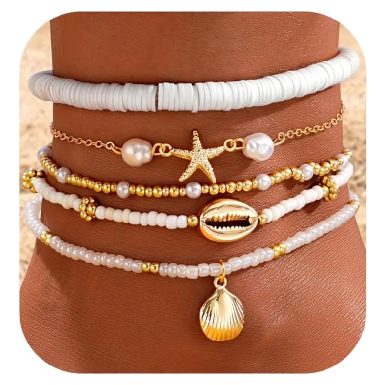 Conjunto de Pulseras de Tobillo Boho para Mujeres - 5 Pcs Ajustables con Conchas
