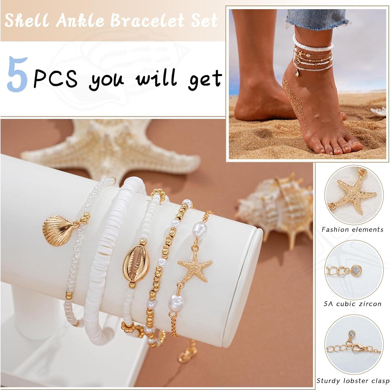 Conjunto de Pulseras de Tobillo Boho para Mujeres - 5 Pcs Ajustables con Conchas