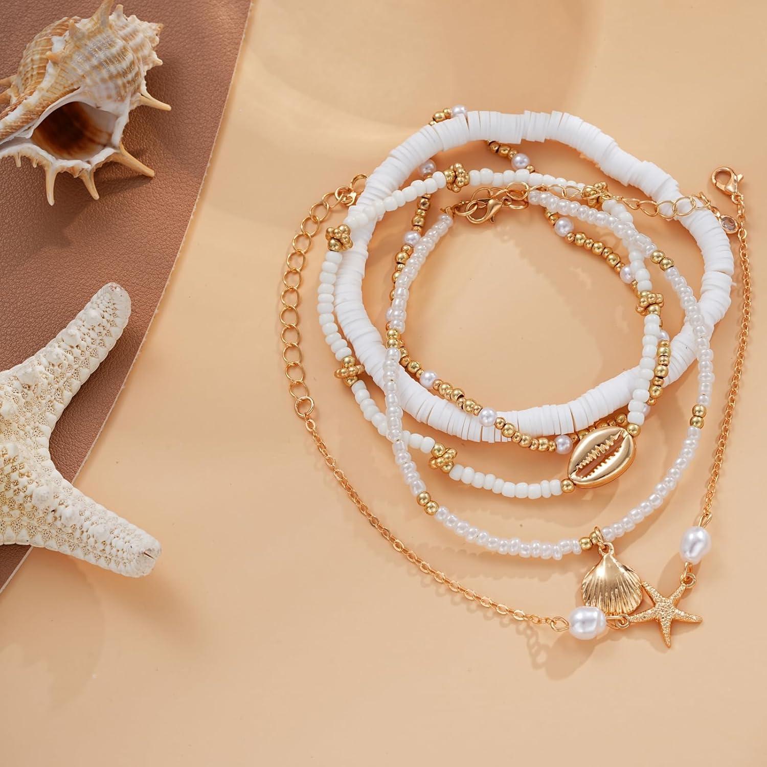 Conjunto de Pulseras de Tobillo Boho para Mujeres - 5 Pcs Ajustables con Conchas