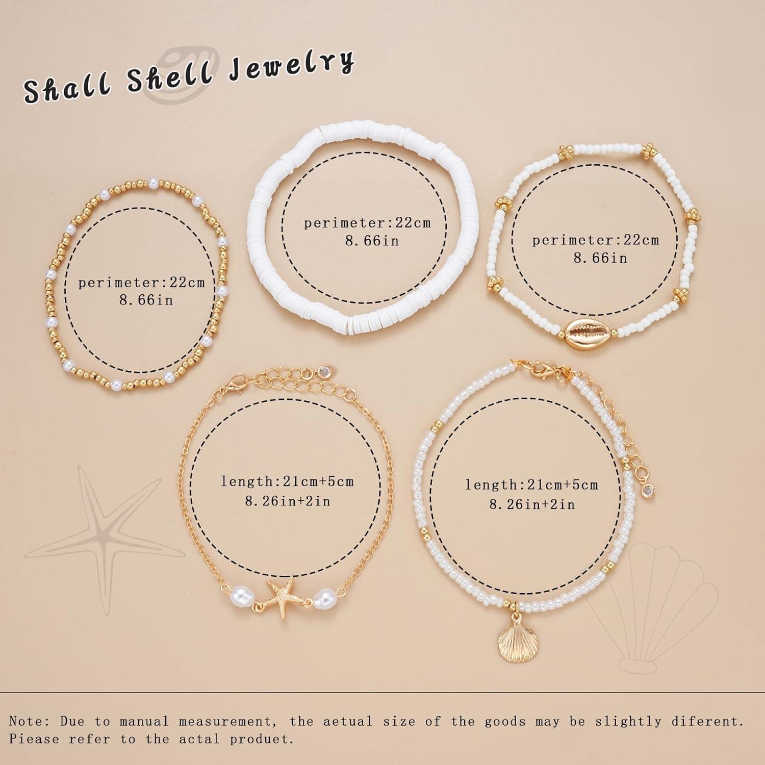 Conjunto de Pulseras de Tobillo Boho para Mujeres - 5 Pcs Ajustables con Conchas