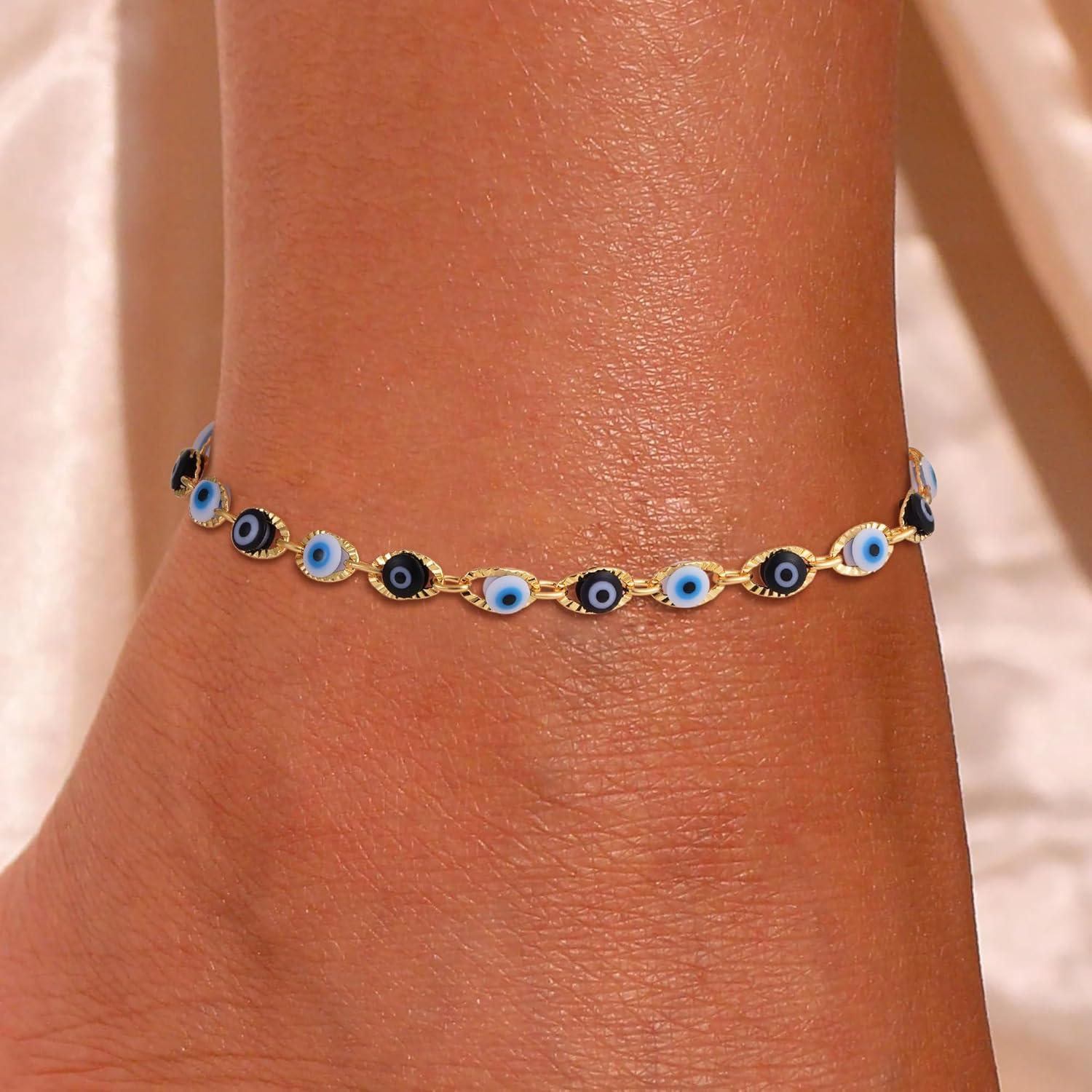 Pulsera de Tobillo SLOONG Ojo Maligno Oro 14K Ajustable