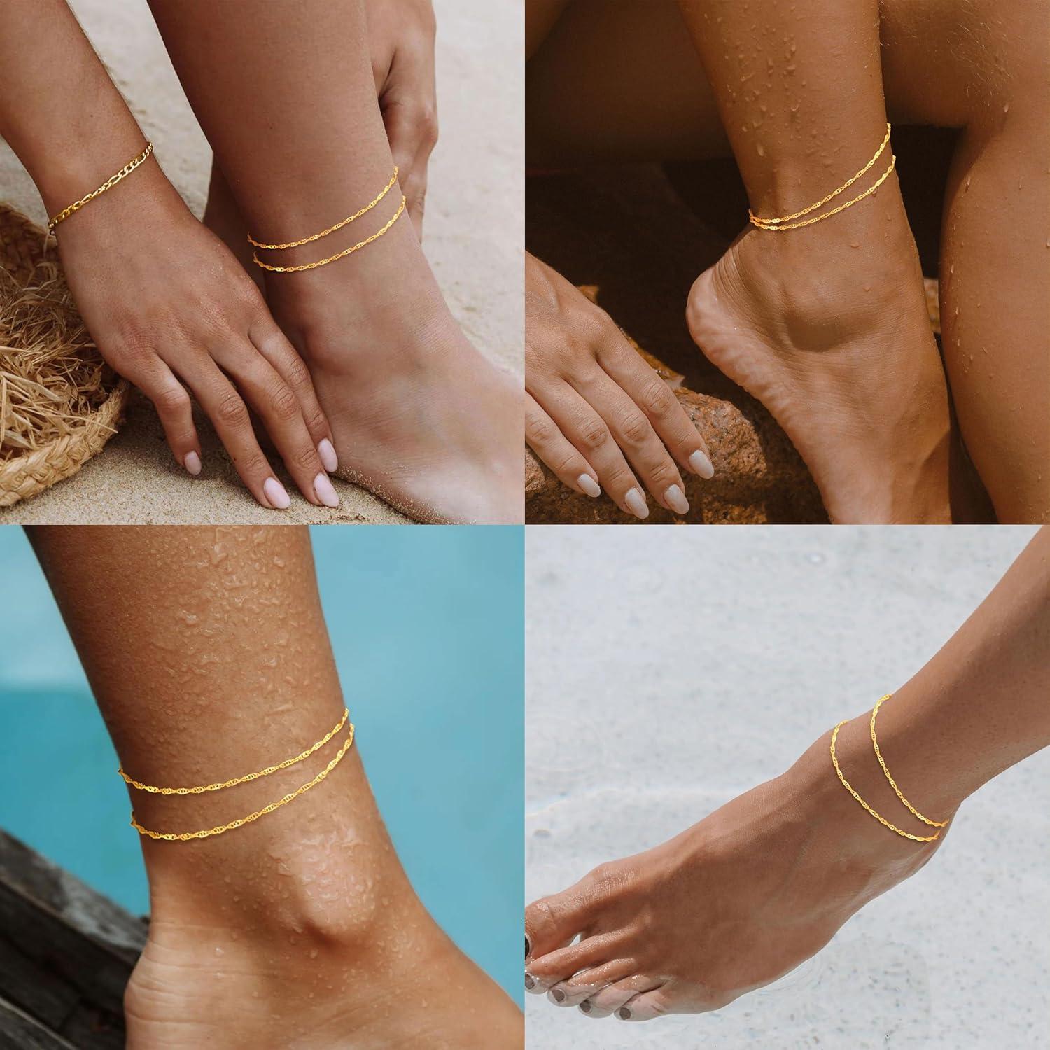 Tobilleras de Oro 14K para Mujeres - Conjunto Impermeable
