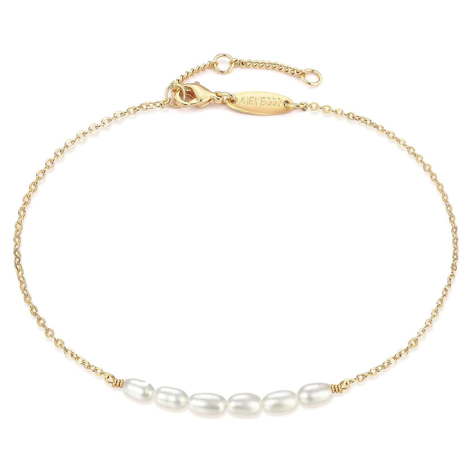 Tobillera Dorada Boho MEVECCO con Perla Ajustable 21.1cm