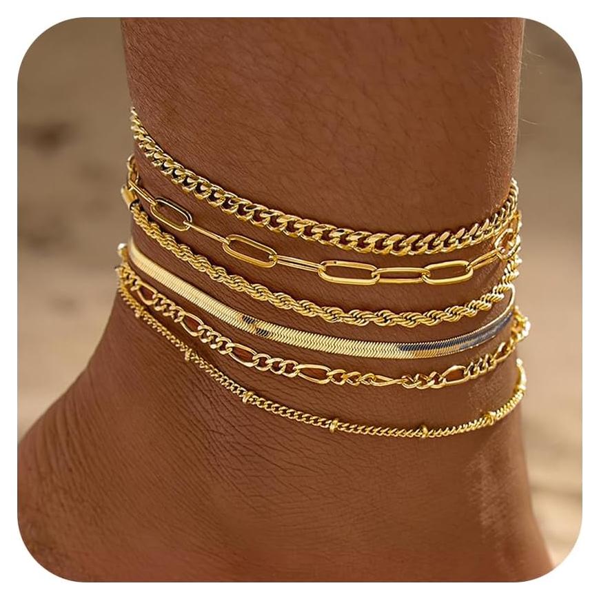 Conjunto 6 Pulseras de Tobillo Oro Laminado 14k Amicon