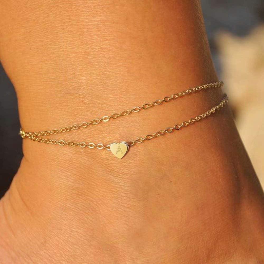 Pulsera de Tobillo Inicial Corazón Turandoss Oro 14K Ajustable