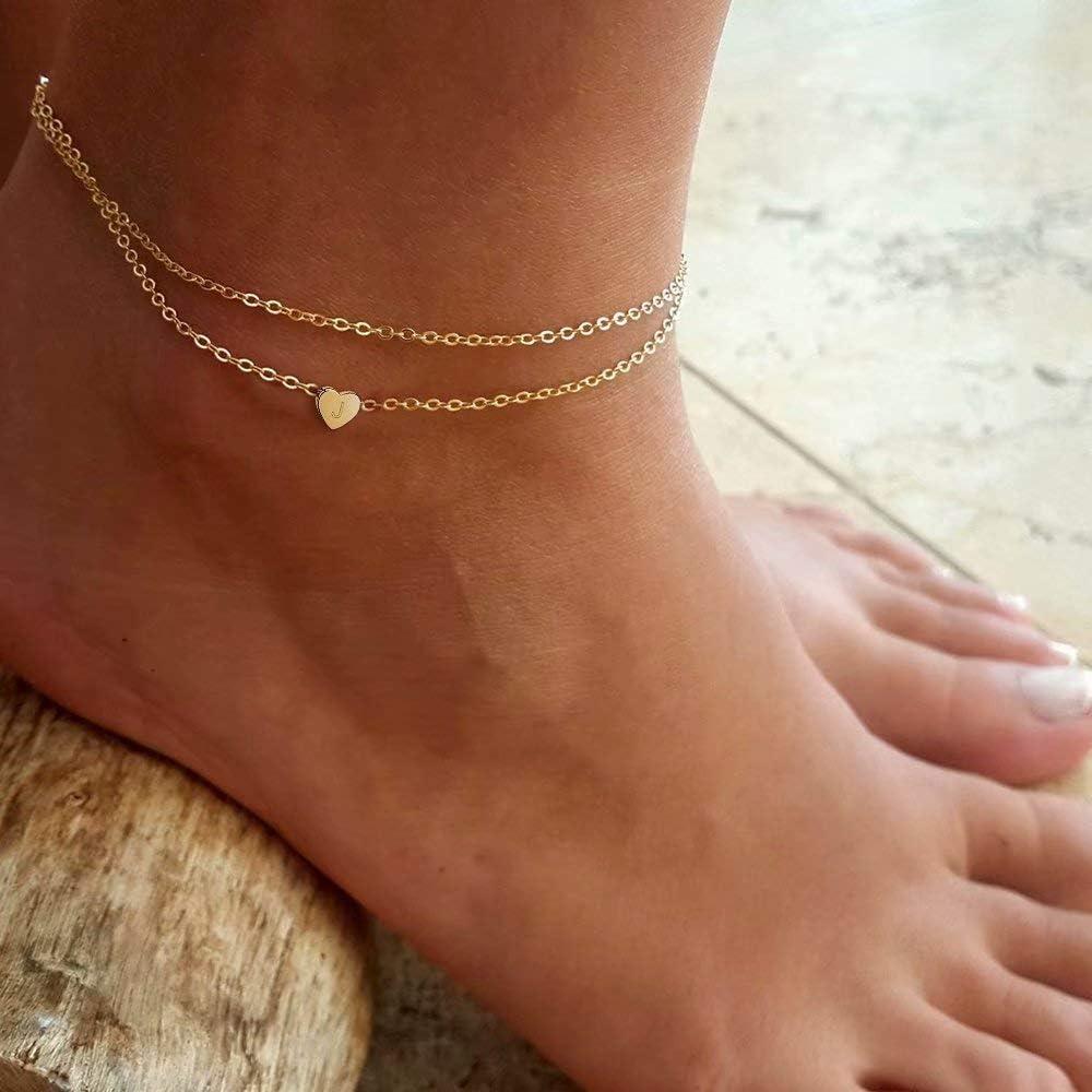 Pulsera de Tobillo Inicial Corazón Turandoss Oro 14K Ajustable