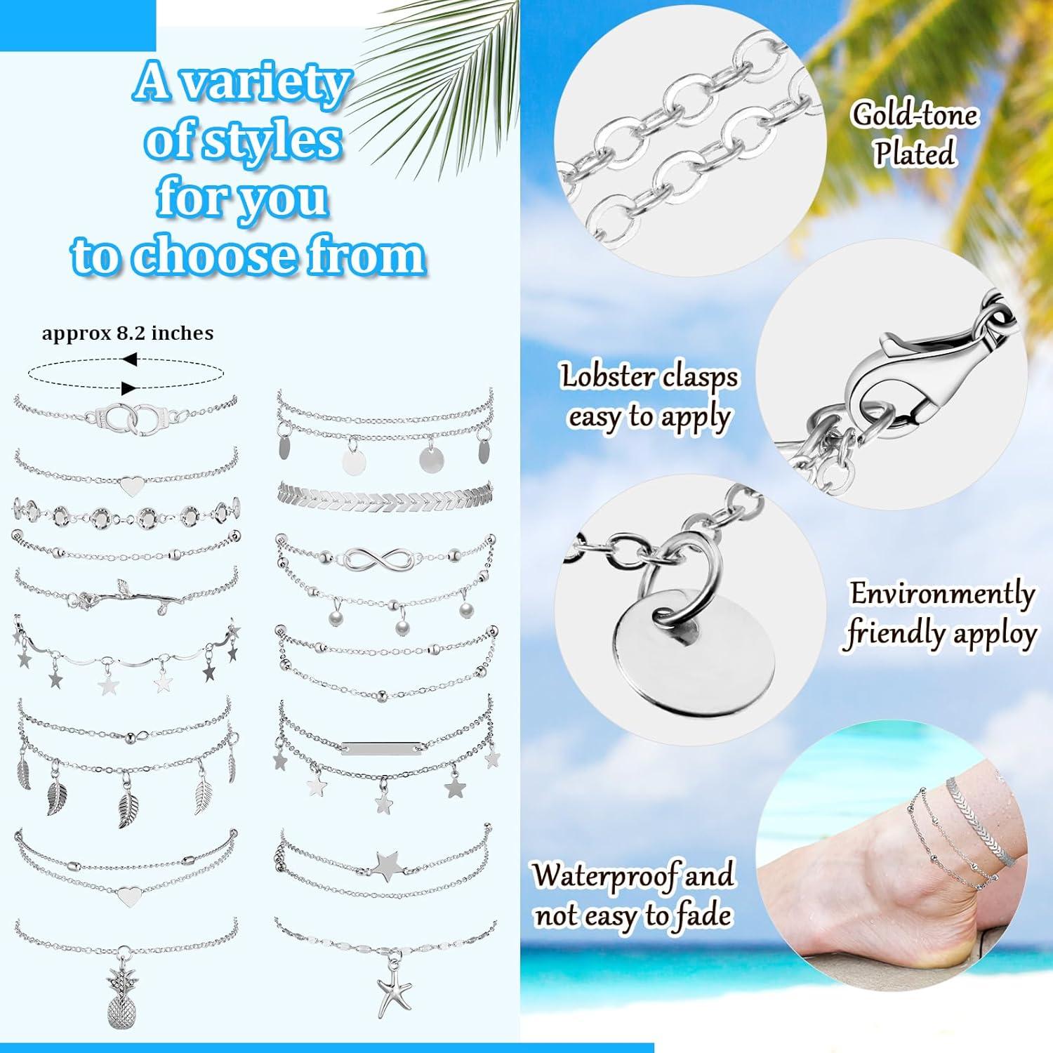 Conjunto 16 Pulseras de Tobillo Hicarer Plata Ajustables